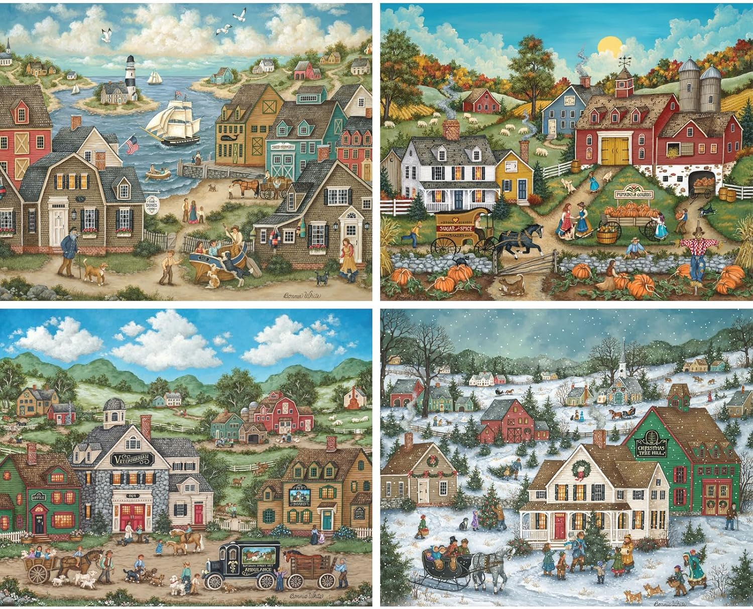 Bits and Pieces Set Of 4 1000 Piece Jigsaw Puzzles Seasons in The Country by Bonnie White 20" x 27"