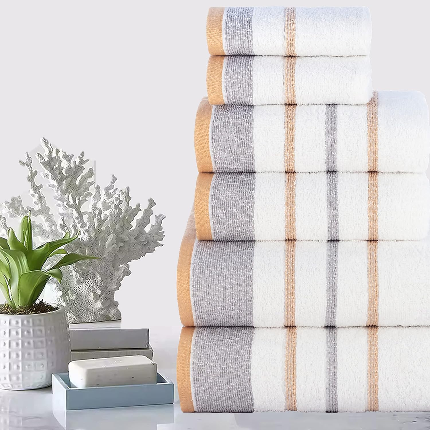 Casa Copenhagen White Bay, 6 Pieces Towel Set- White with Grey and Beige Border, 600 GSM, 2Bath, 2Hands, 2Washcloths Egyptian Cotton Towel for Hotel Spa Kitchen Bathroom Kitchen & Shower