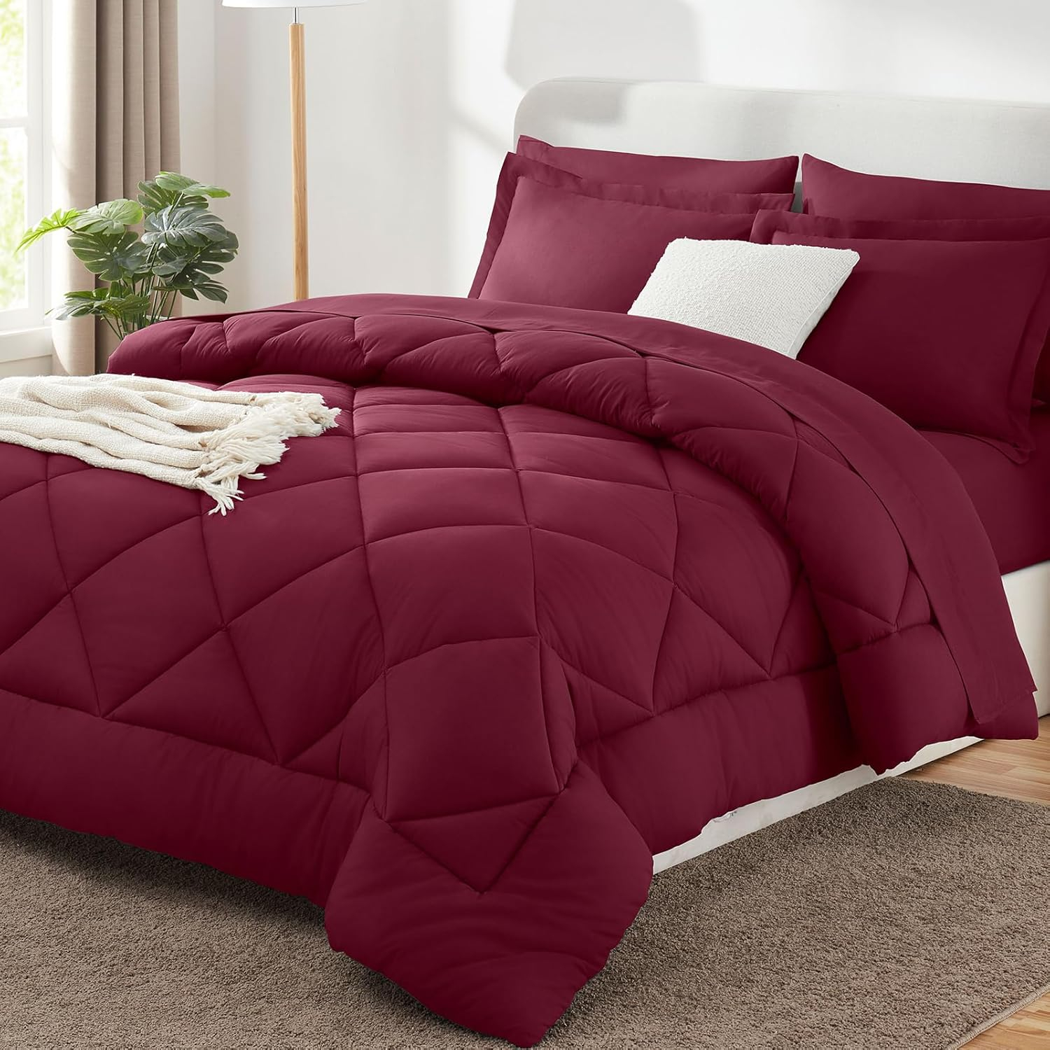 CozyLux Burgundy Comforter Set Queen 7 Pieces Red Comforter Set Queen Bedding Sets Maroon Wine with All Season Quilted Comforter, Flat Sheet, Fitted Sheet, Pillowcases