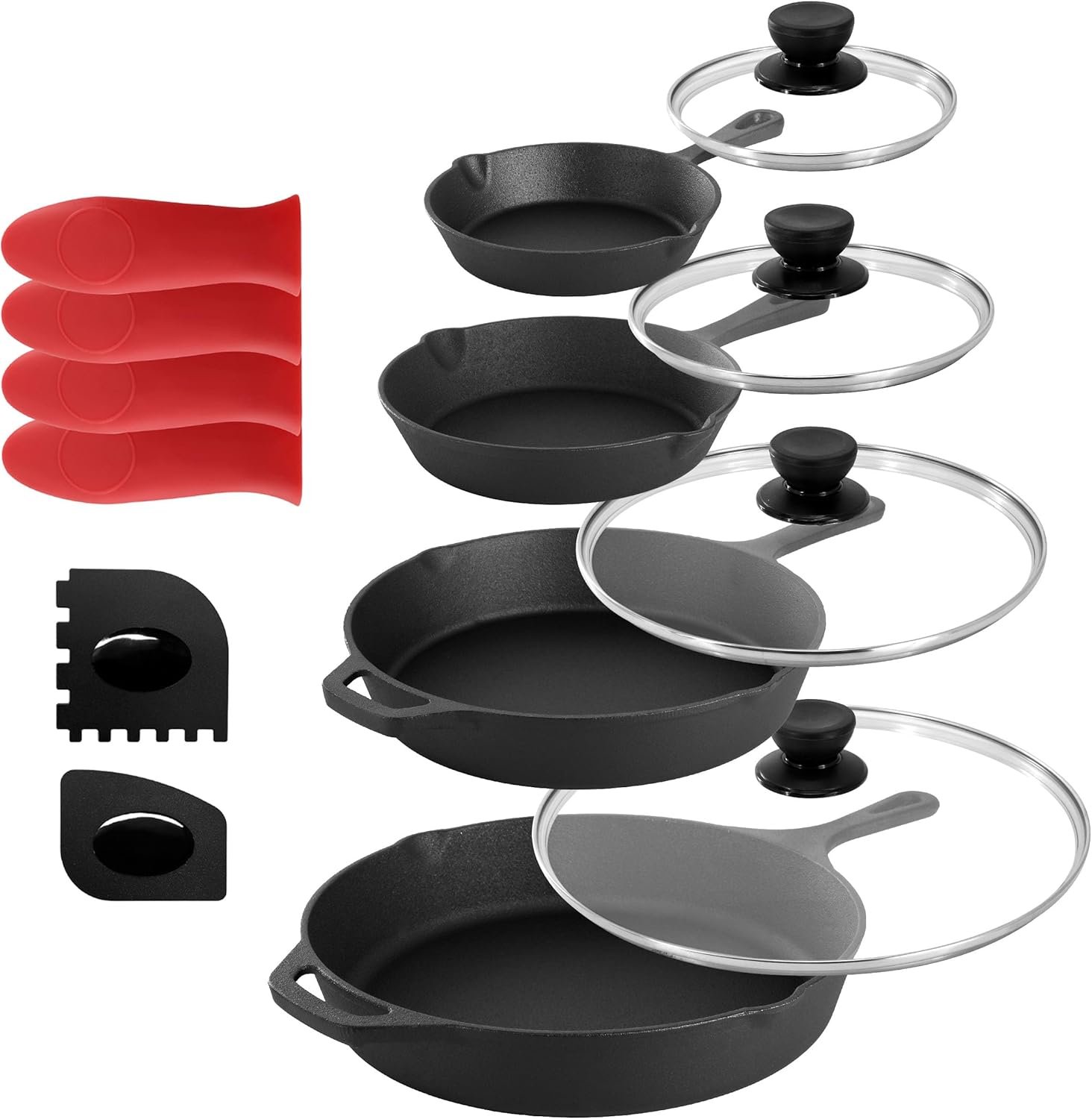 MegaChef 14 Piece Cast Iron Skillet Set with Tempered Glass Lids & Silicone Holders