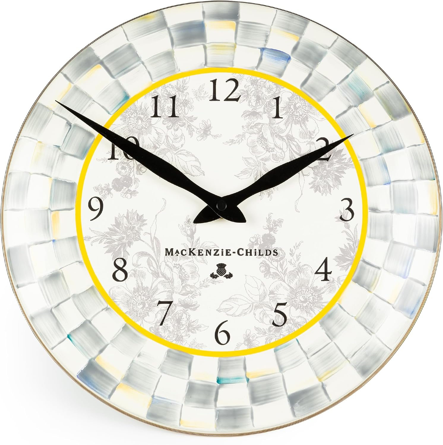 Gray and White Enamel Round Wall Clock with Hand-Painted Checks