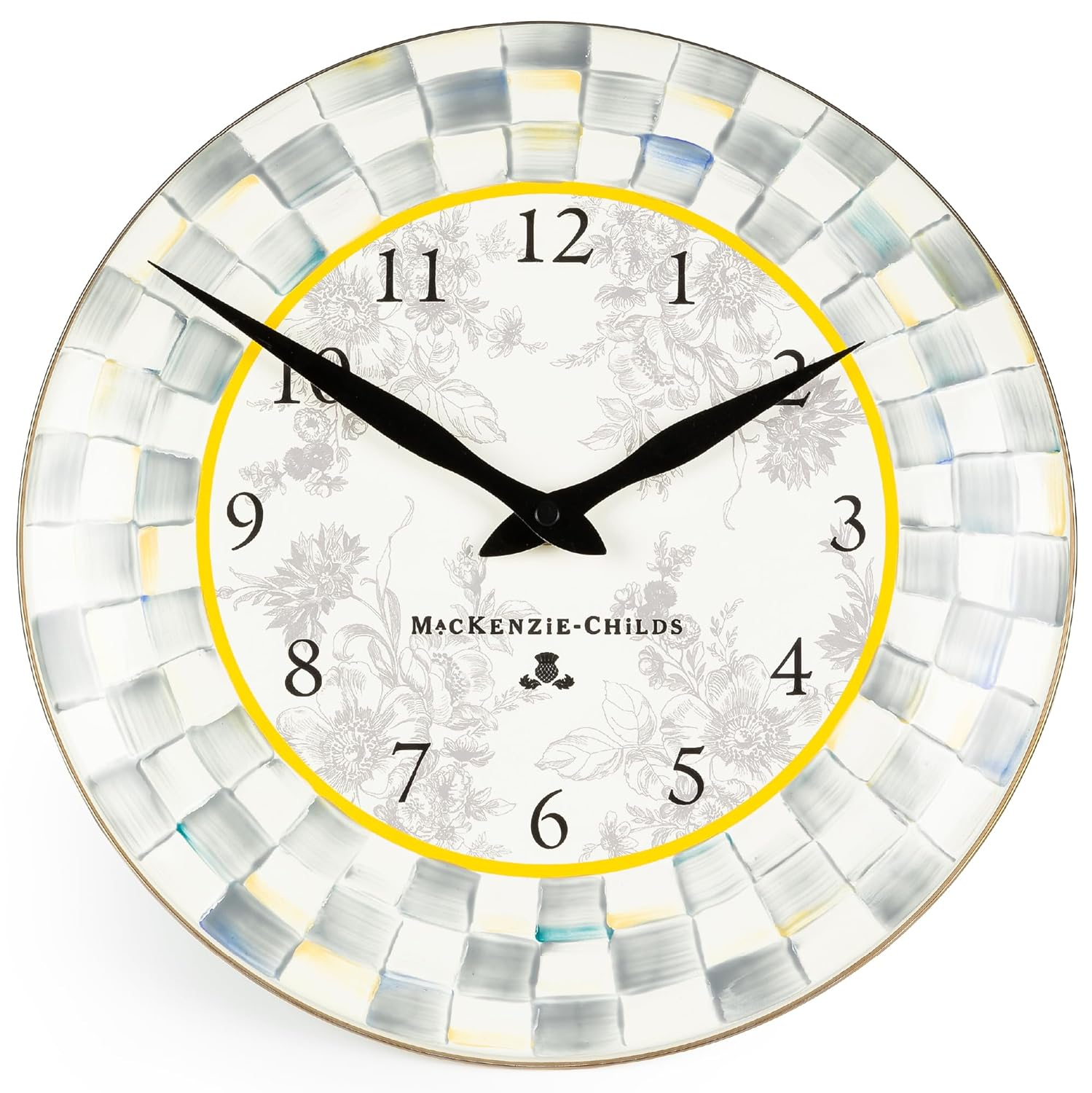 Gray and White Enamel Round Wall Clock with Hand-Painted Checks