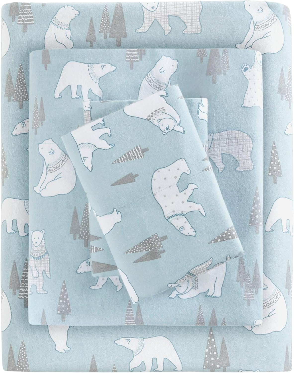Twin Size Bed Sheets Set, 3-Piece Cozy Cotton Flannel Sheets Set Twin with Deep Pocket Fitted Sheet, Blue Polar Bears