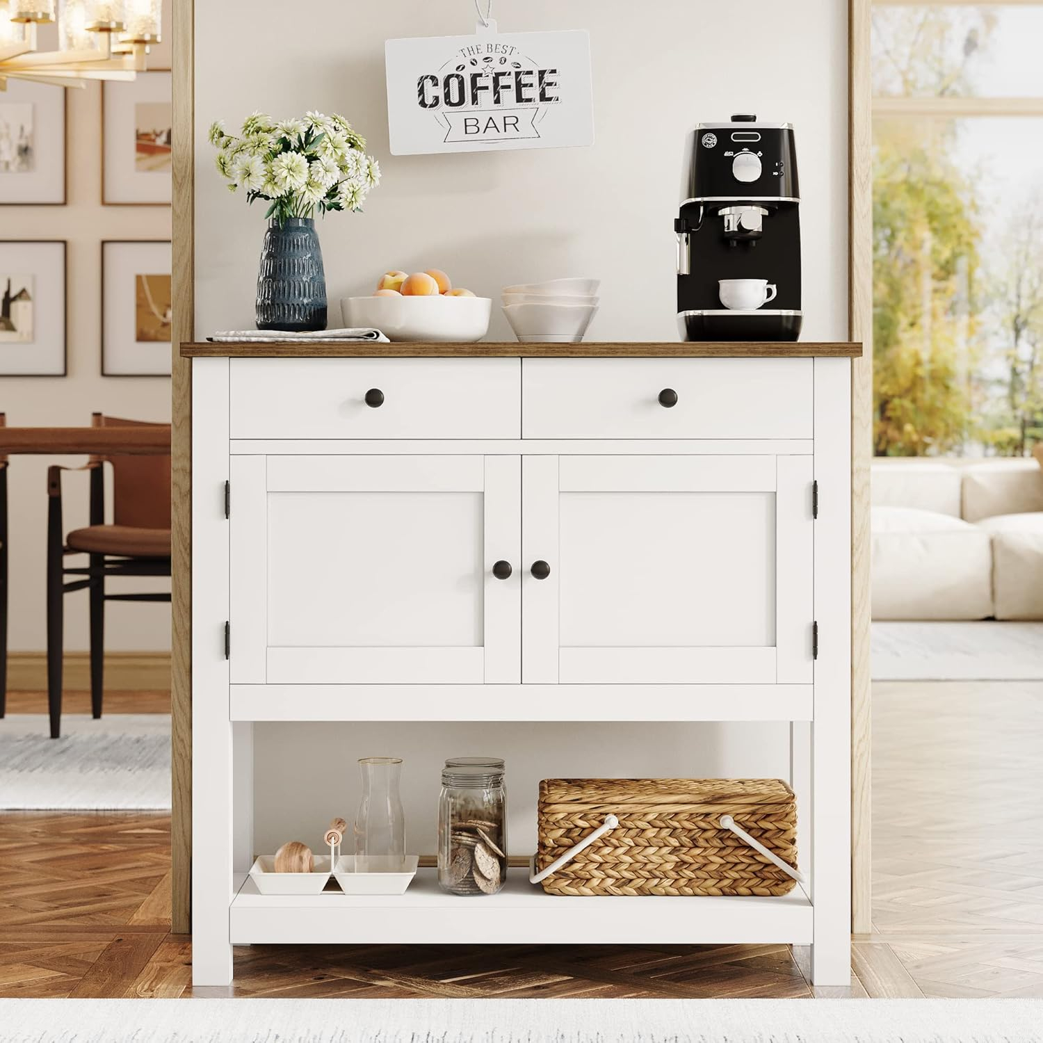Ophelia & Co. Farmhouse Console Table With 2-Door Cabinet & 2 Drawers, Coffee Bar, Entryway Table With Storage Shelf, Sofa Tables Buffet Sideboard For Kitchen, Hallway, Dining, Living Room, visit The HOSTACK Store