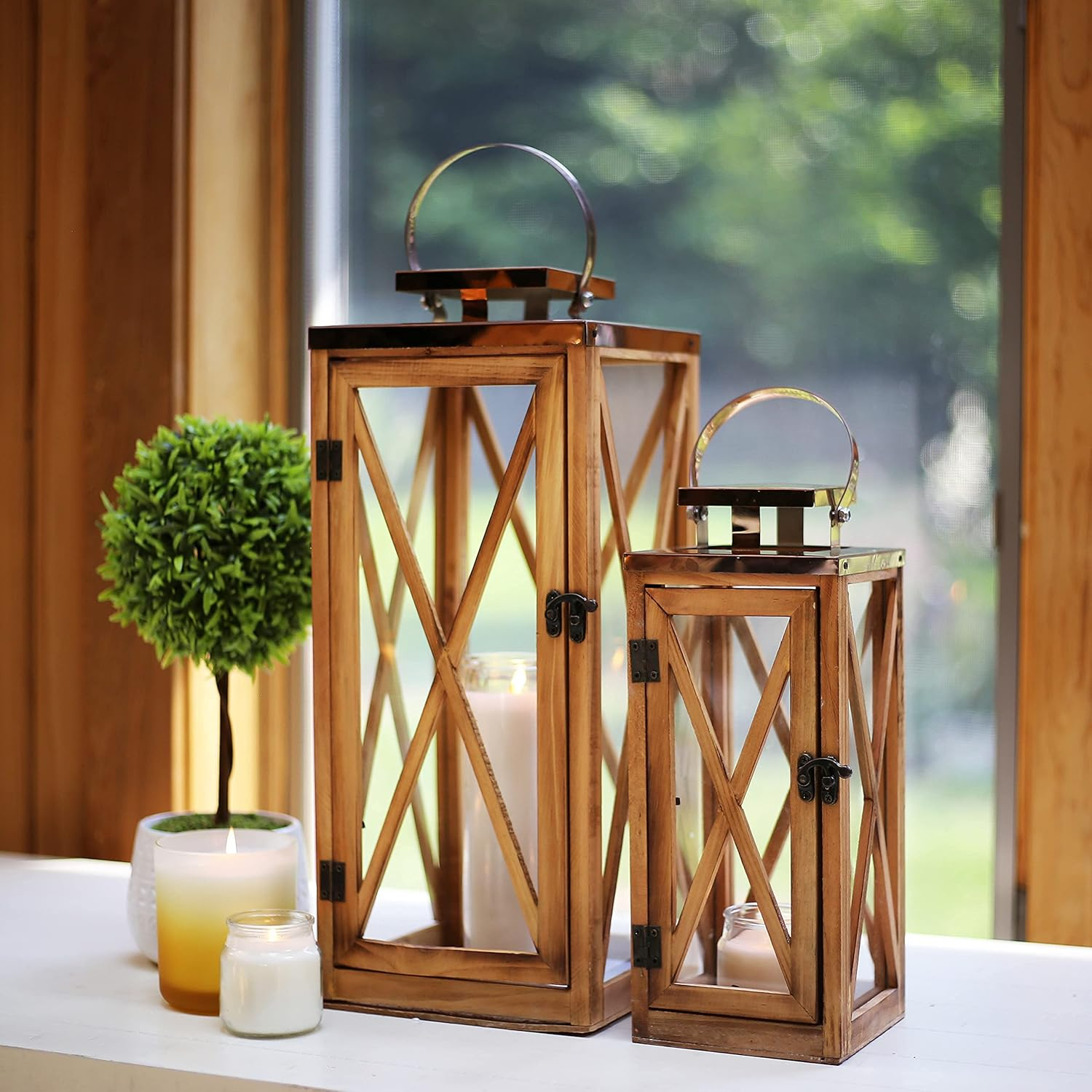 Wooden Candle Lantern Decorative Set of 2, Patio Decor with Stainless Top and Glass Inserts, Hurricane Lantern Holder Decor for Indoor Outdoor, Home, Garden, Wedding (Small-Large Set)