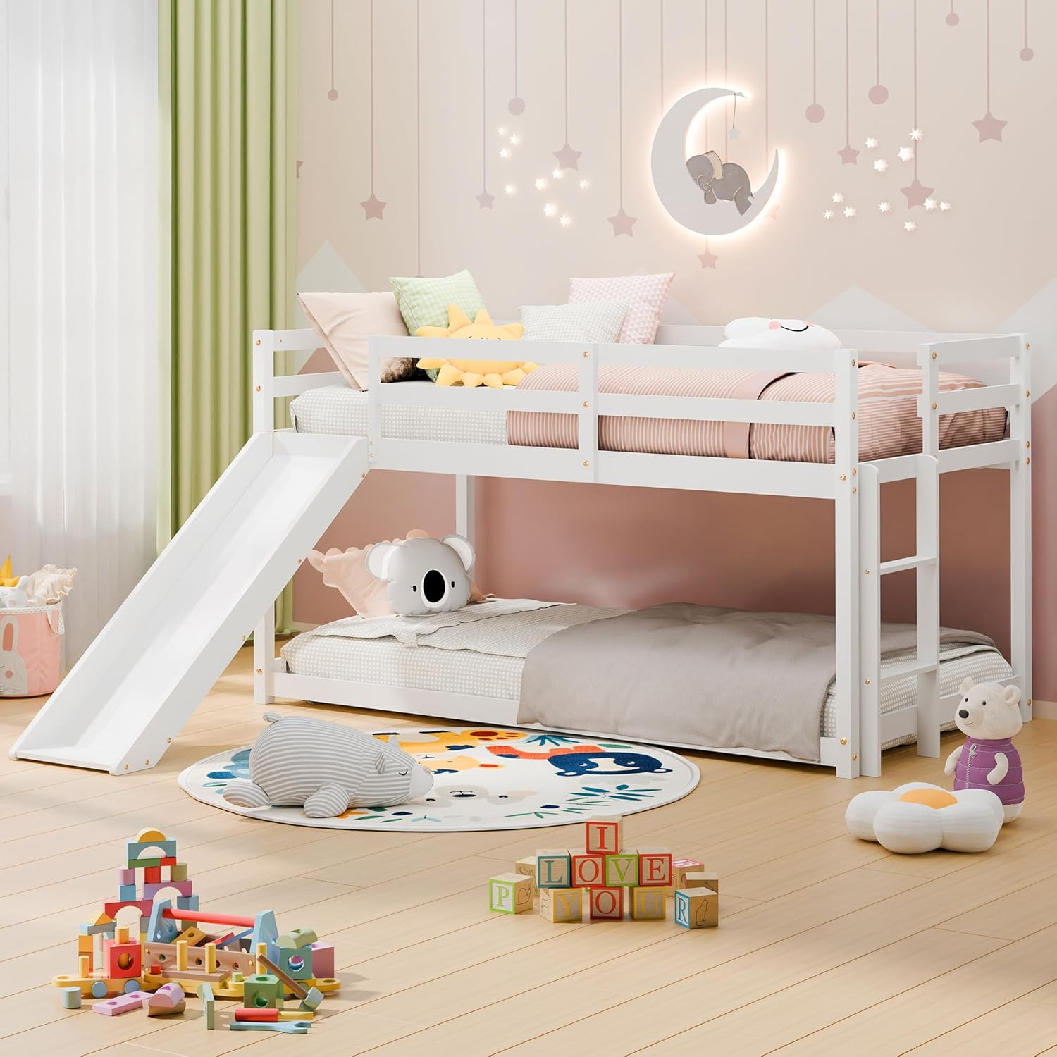 Harper & Bright Designs Kids Loft Bed with Slide,Twin Size Low Loft Beds for Girls Boys Solid Pine Wood Toddler Loft Bed with Ladder and Guard Rails,White