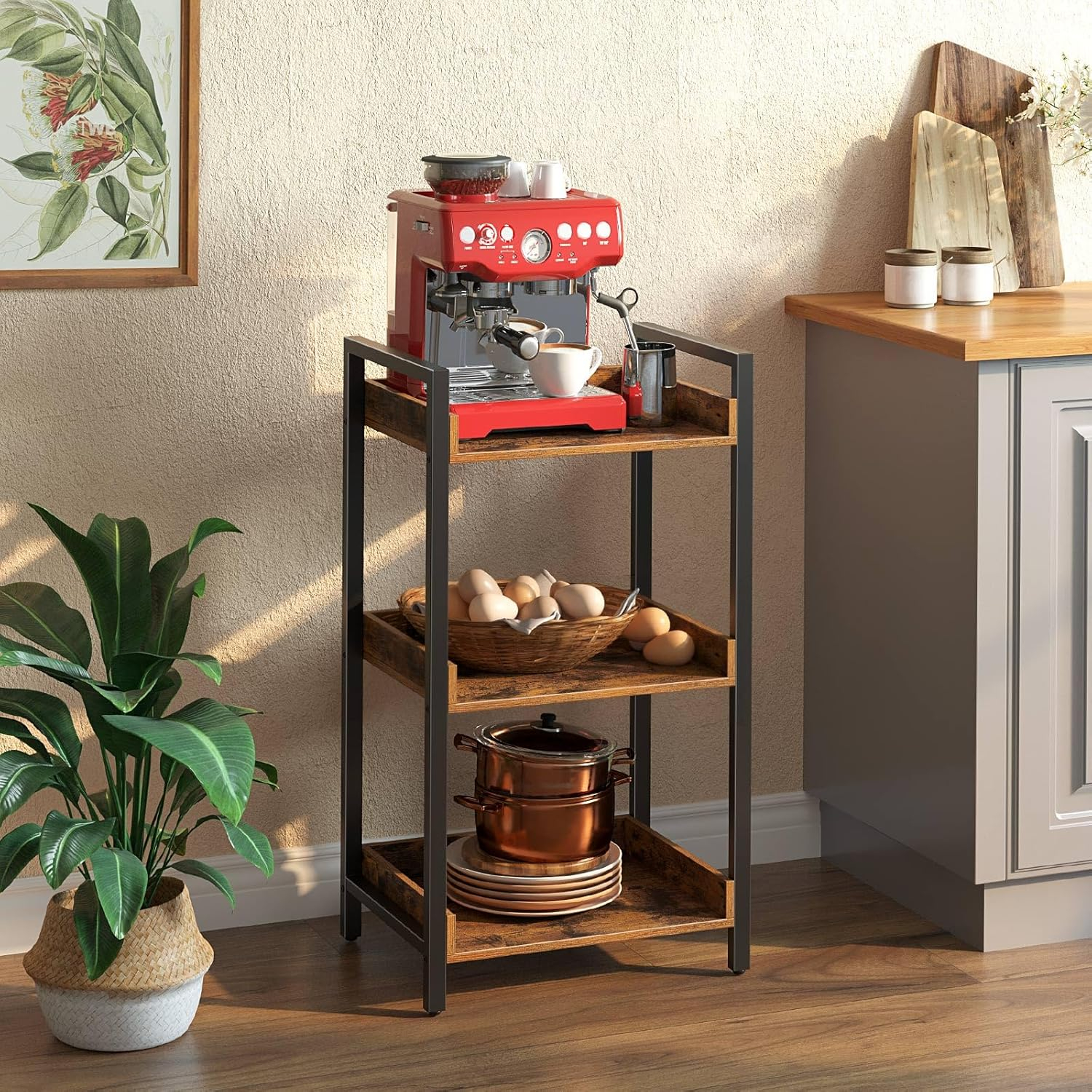 Rolanstar Bookshelf, 4-Tier Storage Rack, Narrow Corner Bookshelf, Display Wooden Shelves for Living Room, Bathroom, Balcony, Kitchen,Rustic Brown