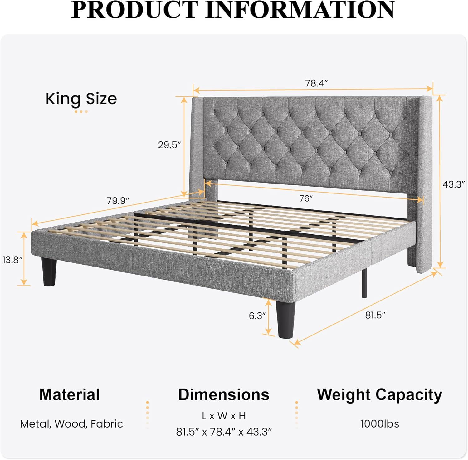 Allewie King Size Upholstered Platform Bed Frame with Fabric Wingback Button Tufted Headboard, Light Grey