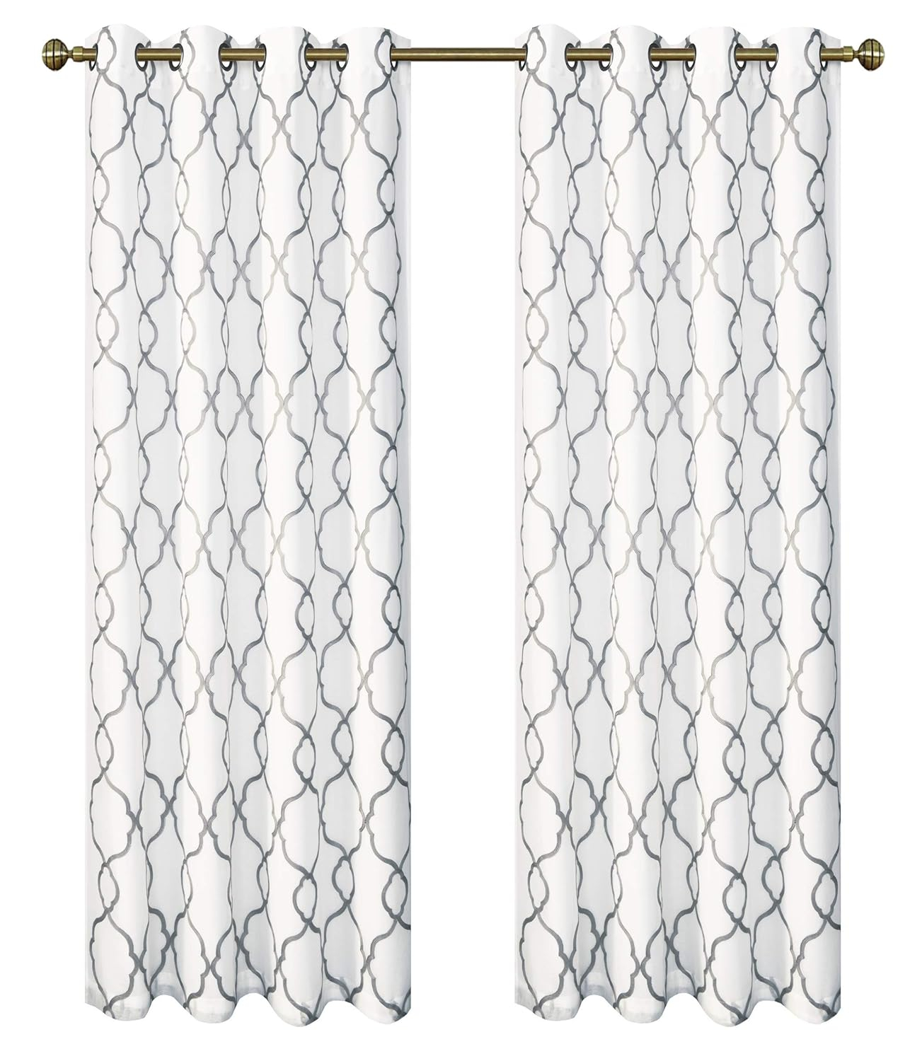GoodGram 2 Pack Embroidered Semi Sheer Geometric Quatrefoil Grommet Top Window Curtains with Satin Backing for Privacy - Assorted Colors & Sizes (Gray, 84 in. Long)