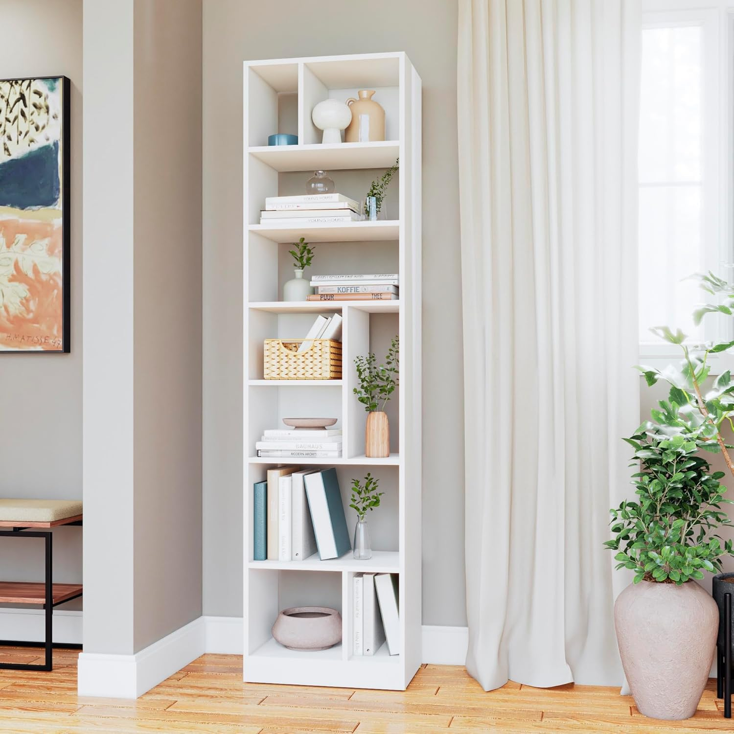 White Modern 8-Shelf Wooden Bookcase