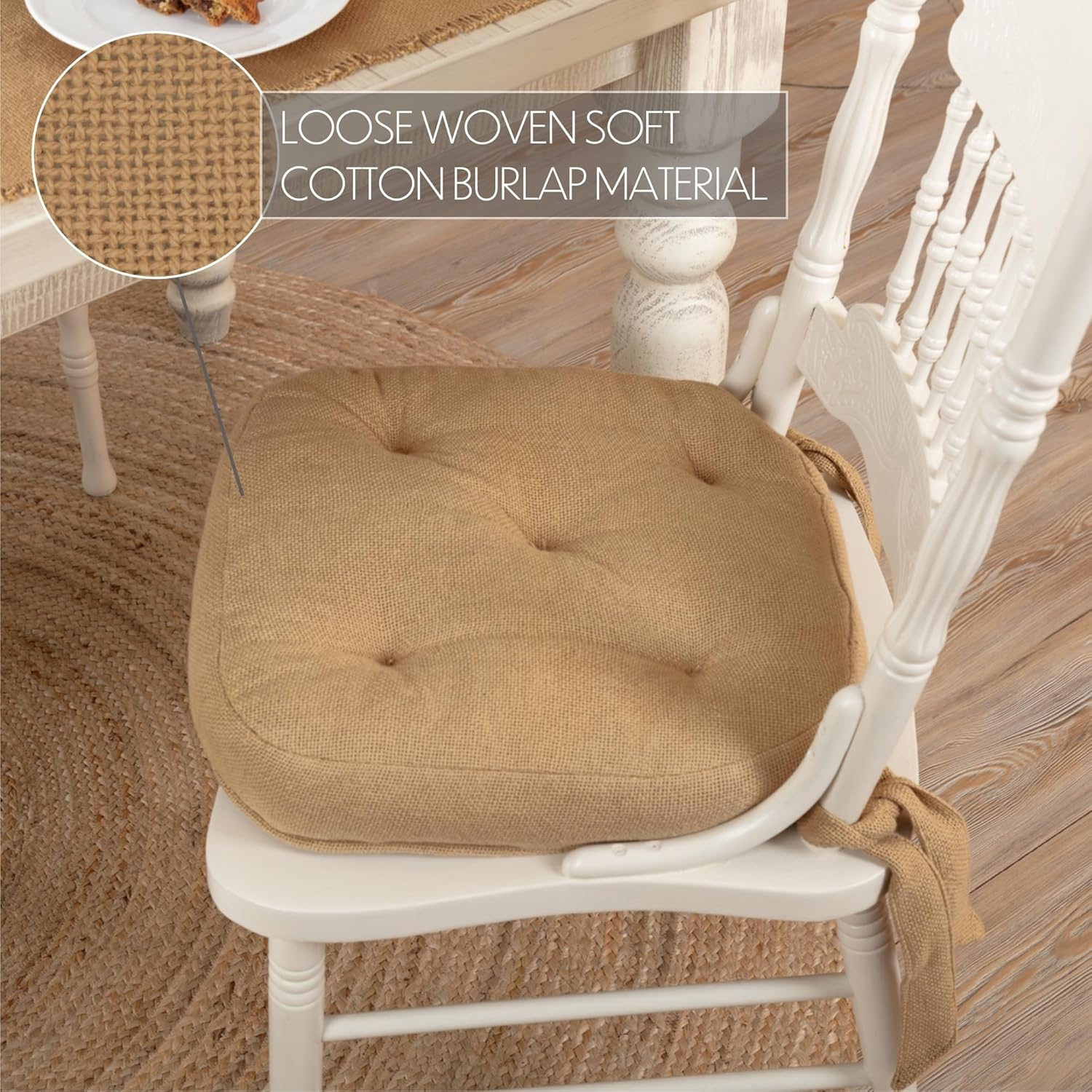 VHC Brands Burlap Chair Pad Dining Room, Kitchen Seat Cushion 15x15 Features Ties in Natural Tan
