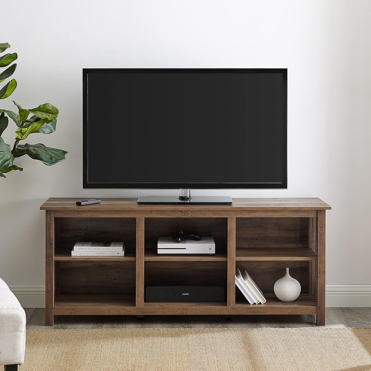 Walker Edison Prado Mission-Style Slat-Side TV Stand for TVs up to 65 Inches 58 Inch Rustic Oak