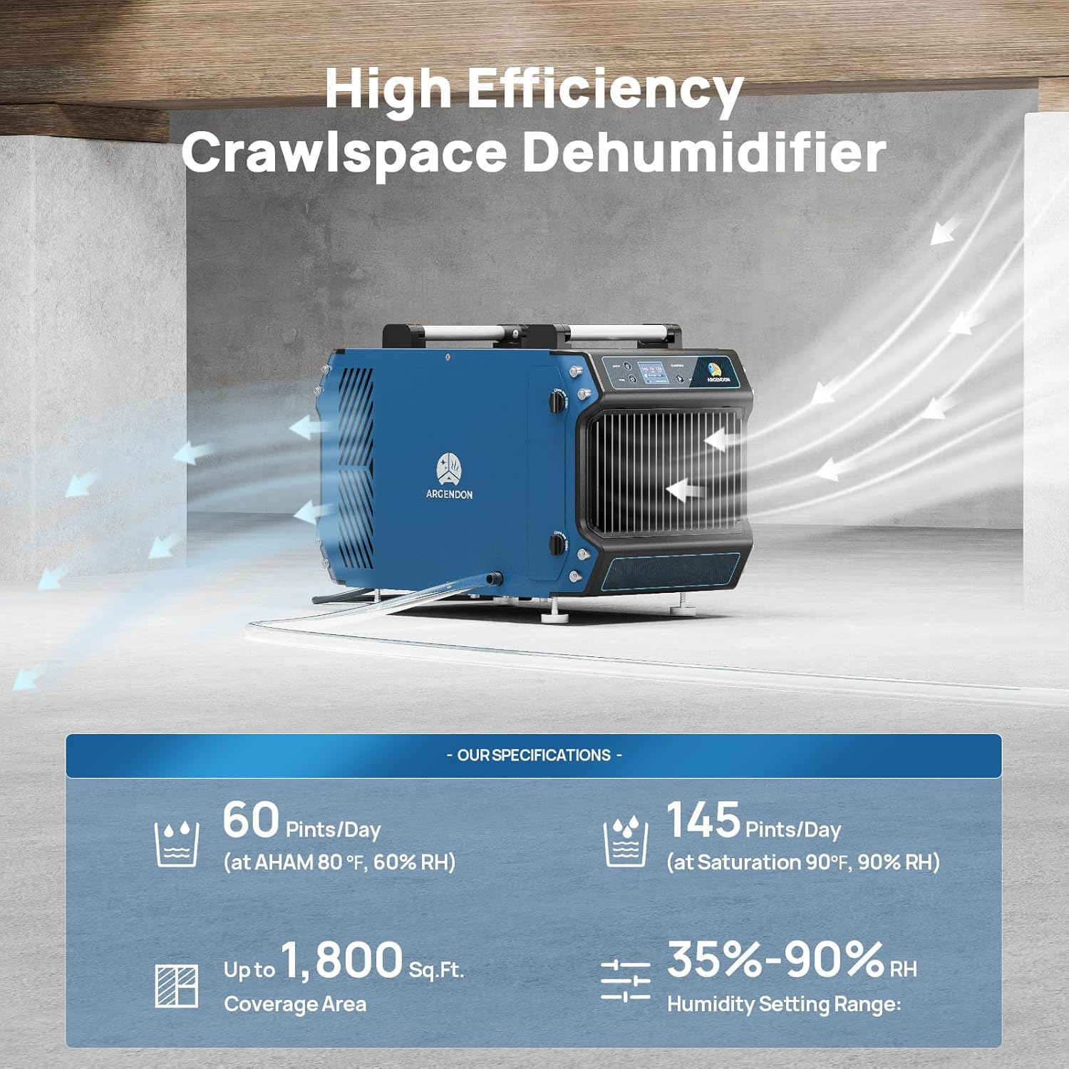 Crawl Space Commercial Dehumidifier with Drain Hose 145 Pints Basement, Industrial Sites, Energy Star