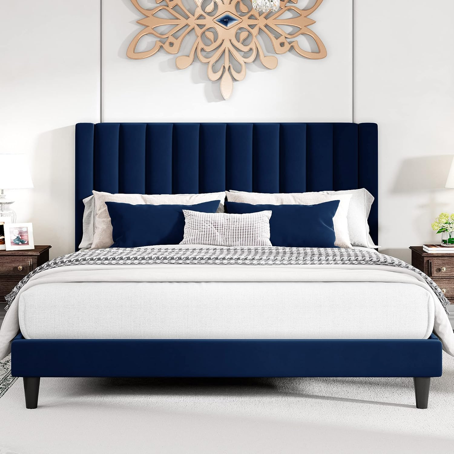 BizChair King Upholstered Platform Bed with Vertical Stitched Wingback Headboard, Slatted Mattress Foundation, No Box Spring Needed, Navy Velvet