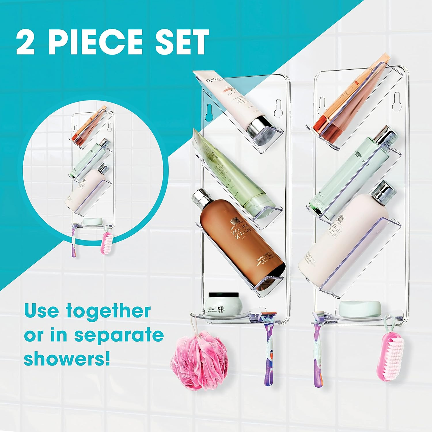 Easy Clean Shower Caddy, 2 Pack Durable Rustproof Bath Organizer, No Suction Cups, No Screws, Wall Mounted Adjustable Shower Rack, Acrylic Shelves As Seen On Instagram