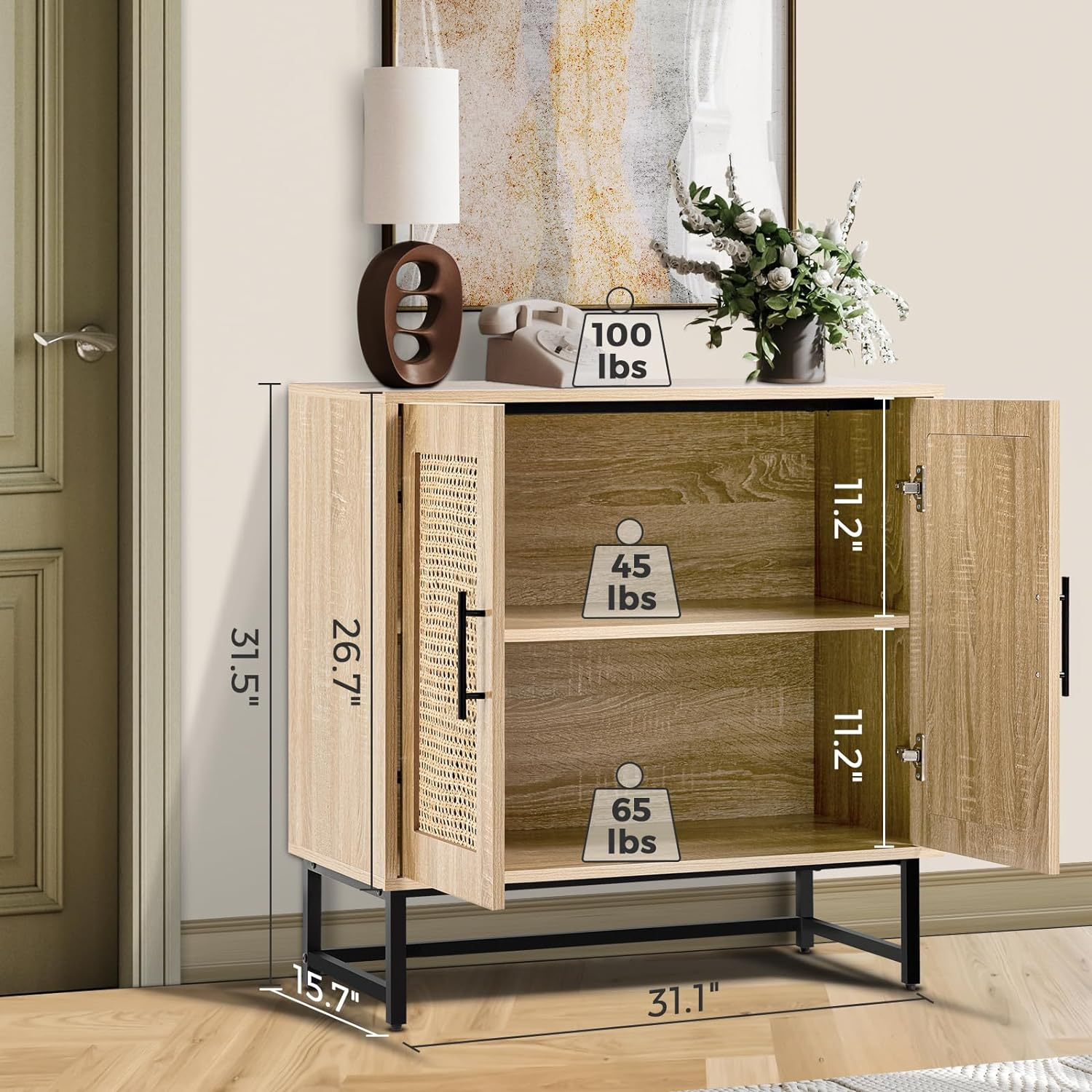 Rattan Cabinet Sideboard Buffet Cabinet, Accent Cabinet for Living Room, Hallway, Dining Room, Entryway