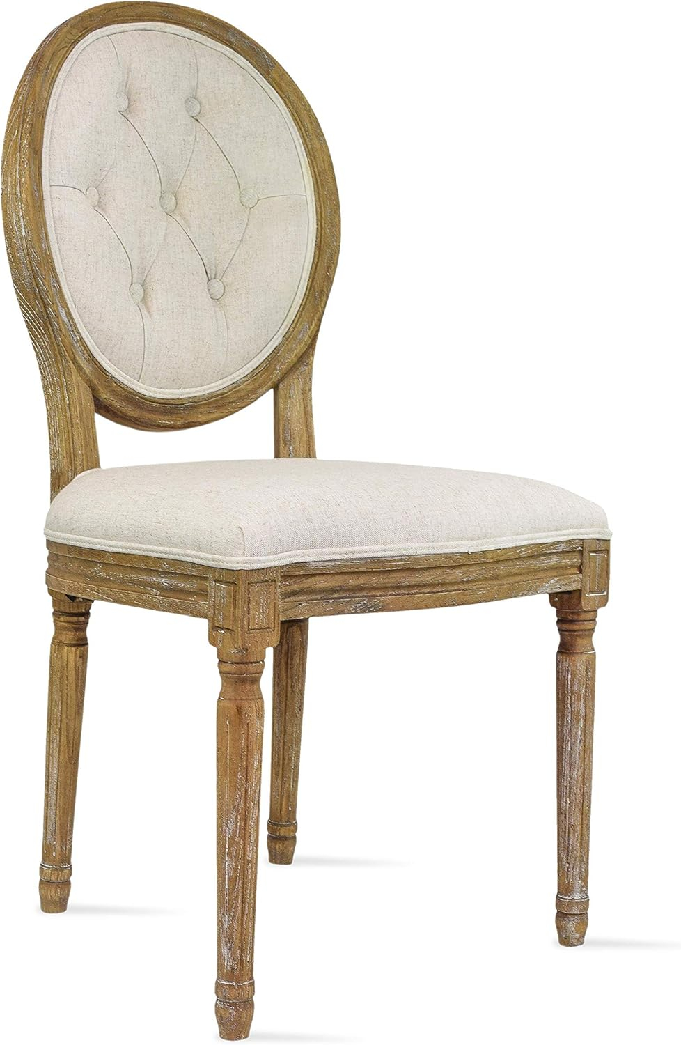 2xhome - French Chic Vintage Style Dining Side Chair With Upholstered Linen Welted Fabric And Elegant Natural Rustic Wood Frame - Tufted Button Oval Back