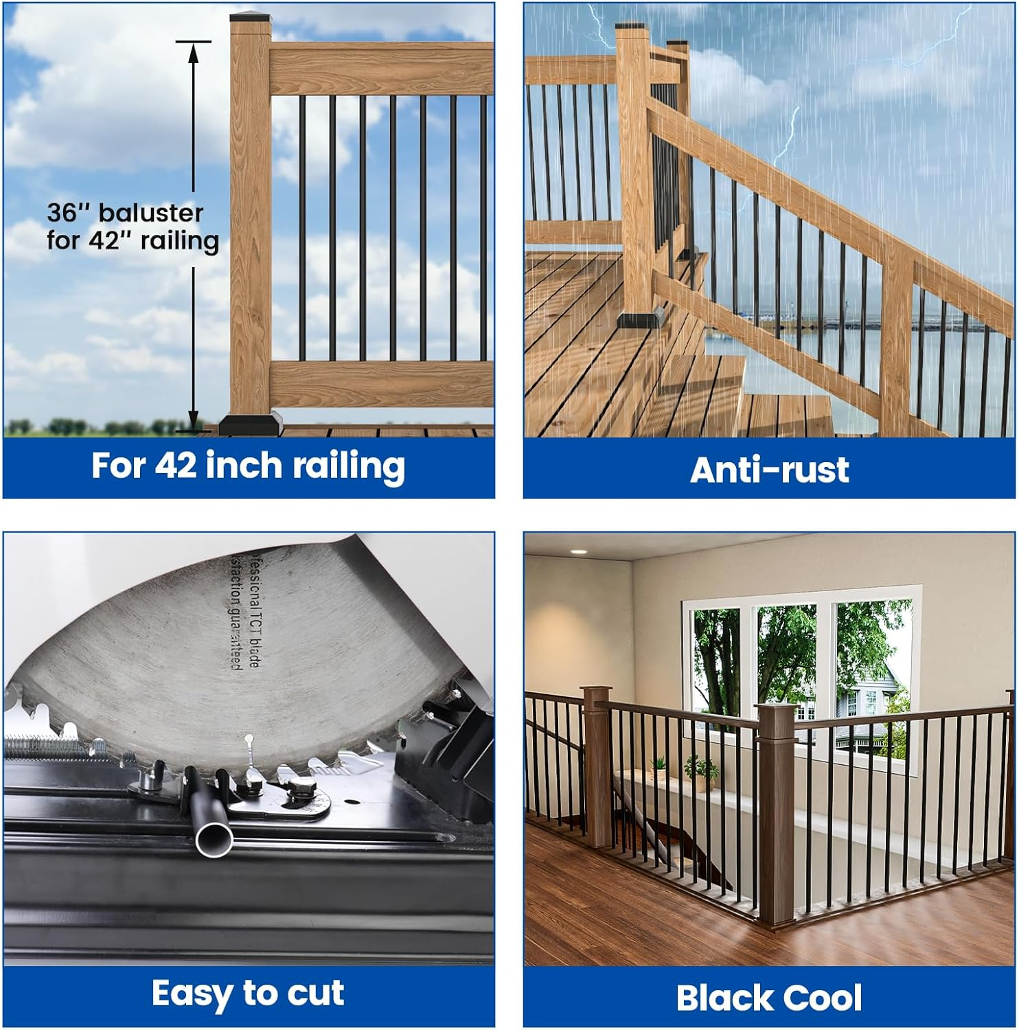 Muzata 100Pack 36" Aluminum Deck Balusters Round Black Deck Railing Stair Porch Staircase Spindles 3/4" Diameter Hollow for Railing Fencing Porch Stair WT01