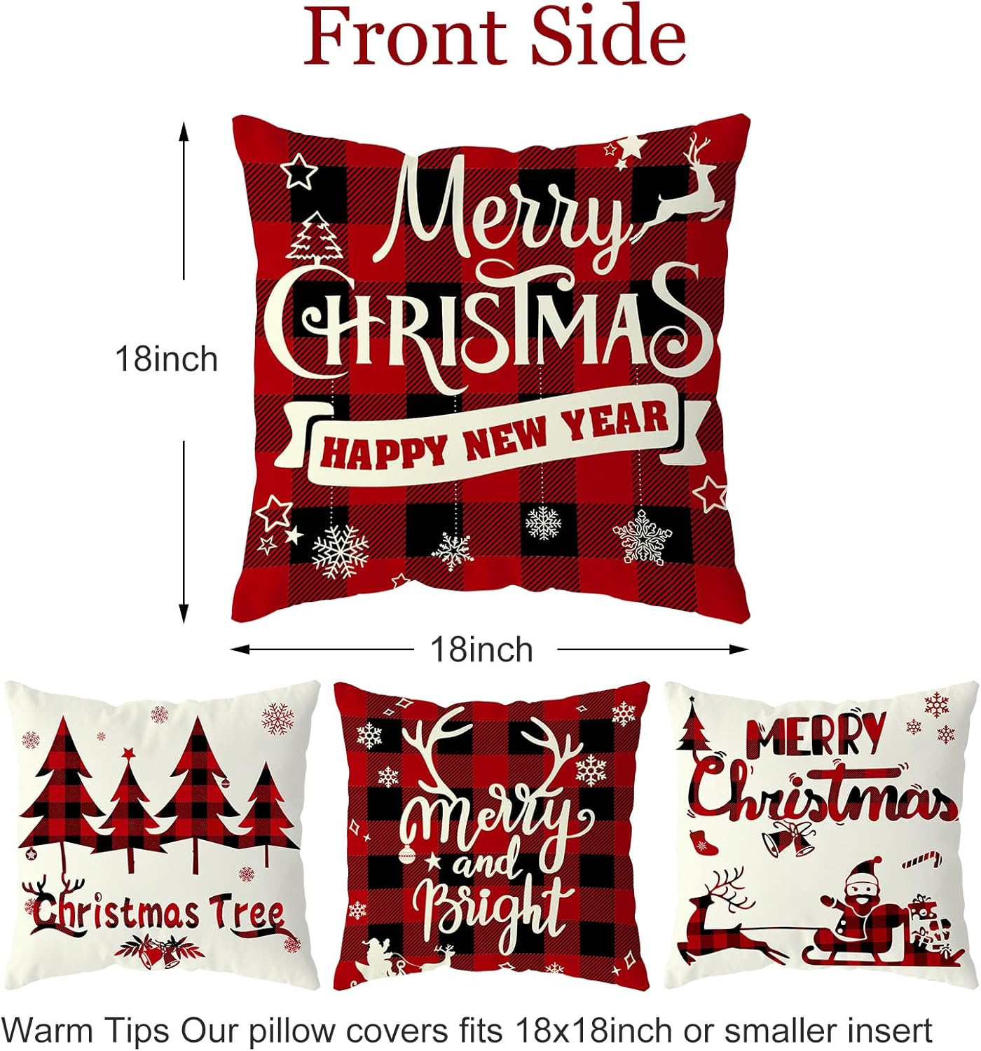 Christmas Pillow Covers 18x18 Set of 4 - Red Black Buffalo Check Plaid Decor - Indoor Outdoor Xmas Throw Pillow Cases for Sofa Couch