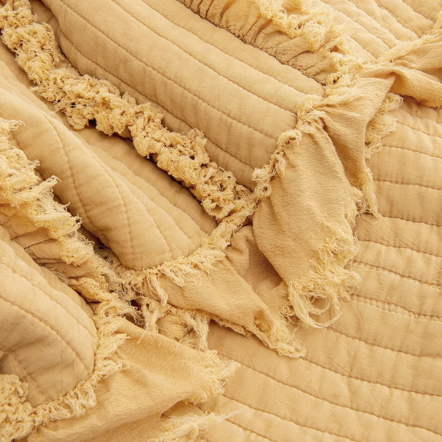 Ultra Soft Quilted Throw Blanket with Ruffle Fringe Pre-Washed, Boho Decor in Stone Washed Yellow, Rustic Chic Blanket for Sofa, Couch, Bed, or Chair,90"x 90"