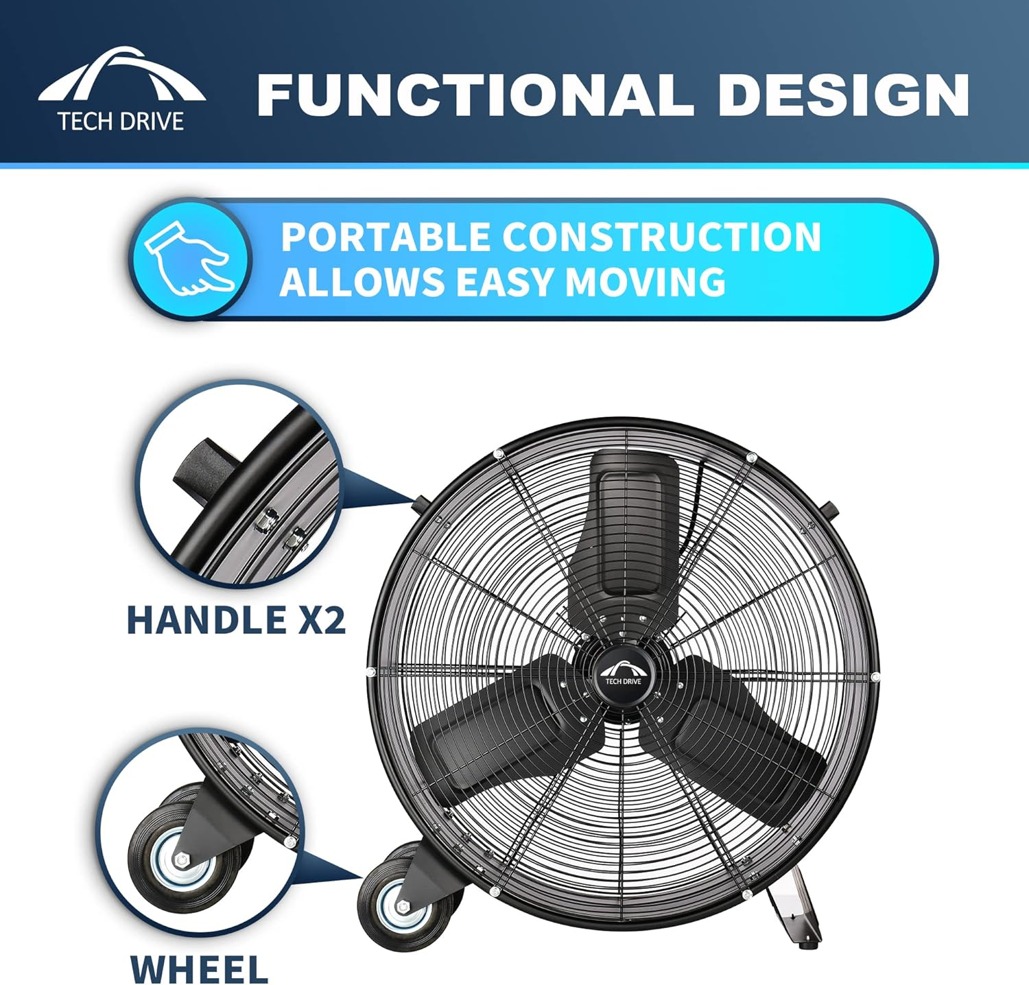 Tech Drive Heavy Duty Metal Industrial Drum Fan, 24 inch High Velocity Shop Fan, 2 Speed Large Floor Fan for Warehouse, Workshop, Factory, Garage, All Metal, Black