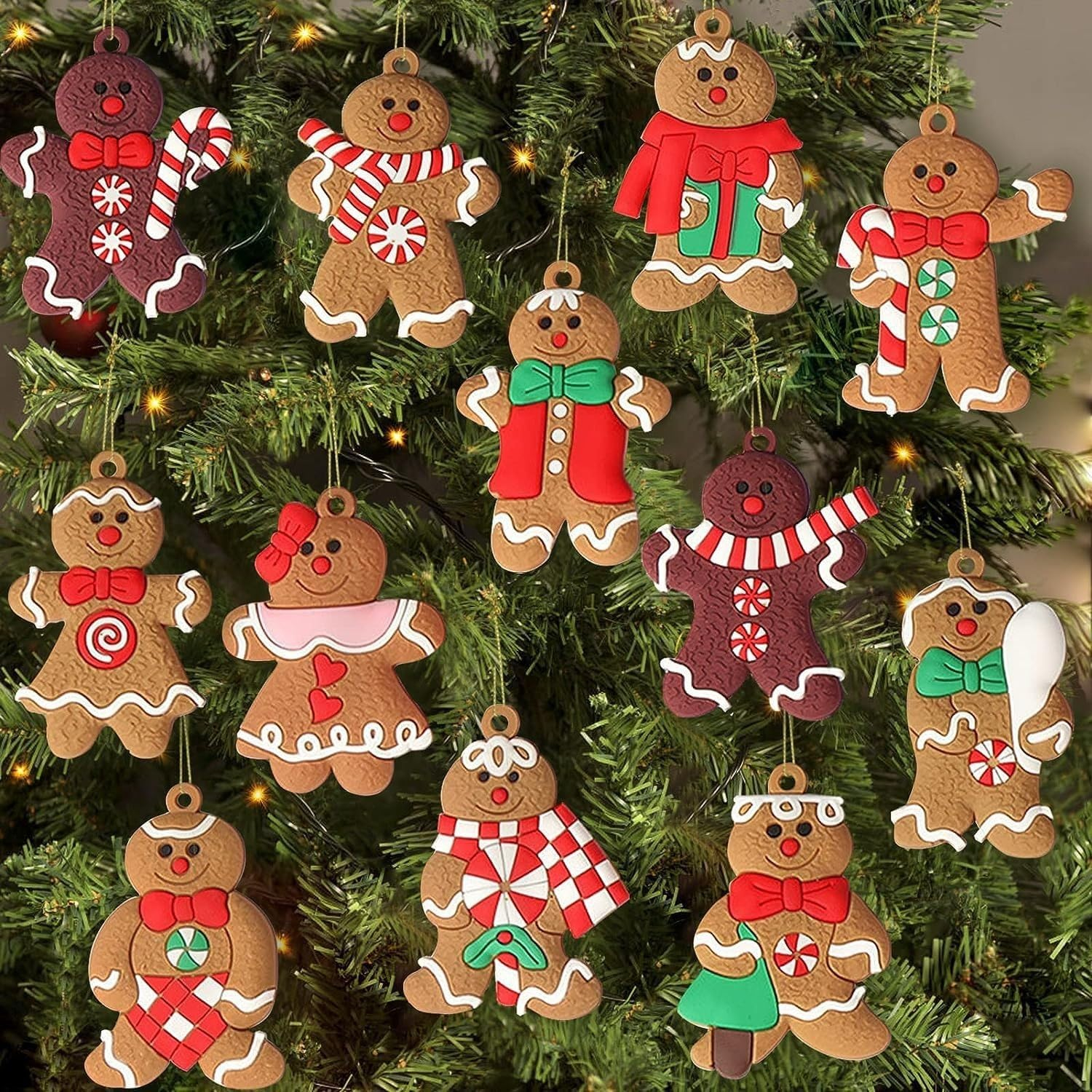 Newhomestyle 12pcs Gingerbread Man Ornaments for Christmas Tree Assorted Plastic Gingerbread Figurines Ornaments for Christmas Tree Hanging Decorations 3 Inch Tall