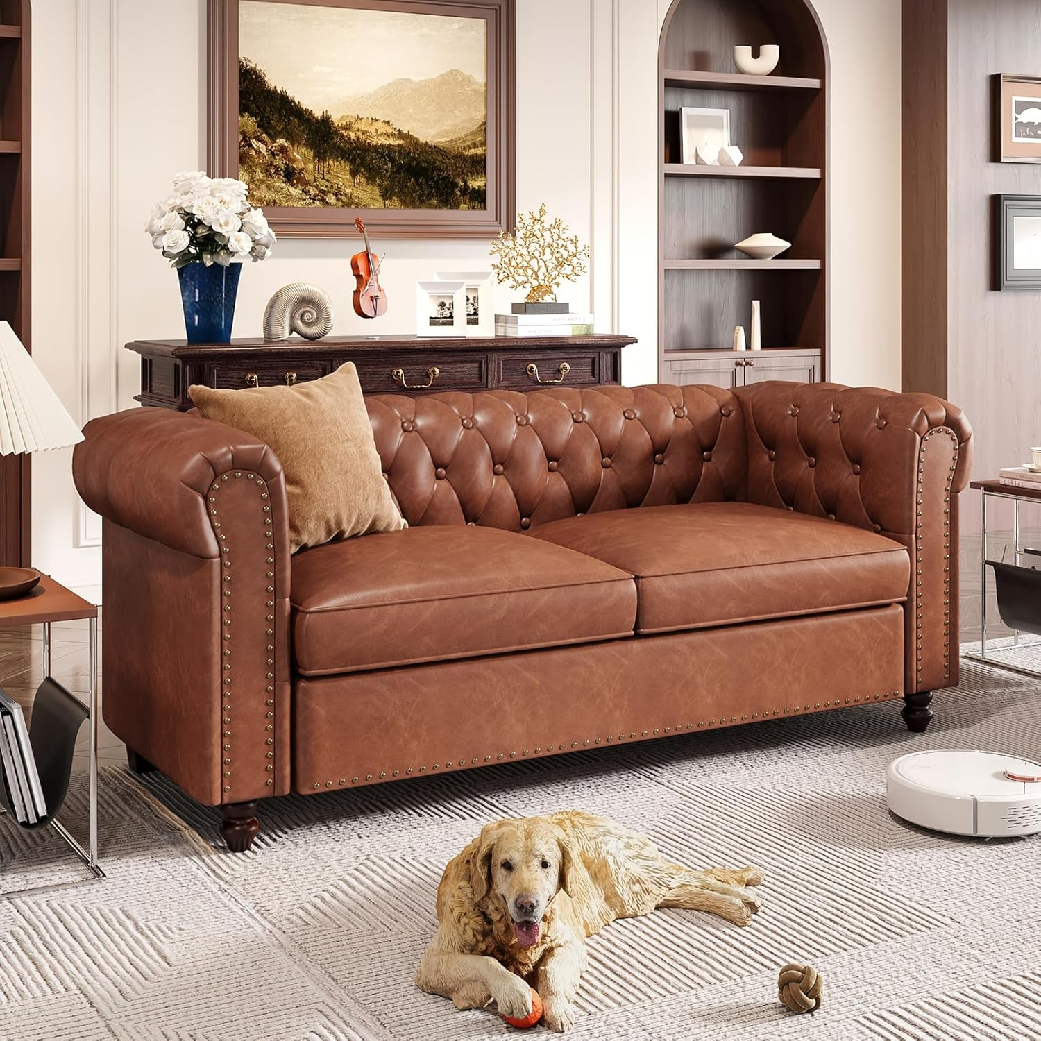 72 Inch Brown Couch, Chesterfield Faux Leather Sofa with Wooden Legs, Vintage Tufted Sofa with Rolled Arms, Mid Century Modern Couch with Rivets for Living Room, Apartment, Office