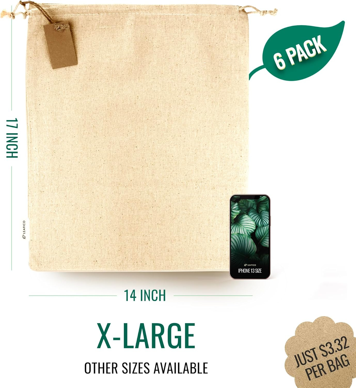 LEAFICO Cotton Storage Bags – X-Large 14x17 Inch (6-Pack) – Reusable Muslin Bags with Drawstrings – Biodegradable Canvas Fabric Sacks – Perfect for Bread, Bulk Produce, Potatoes, Onions, Shoes