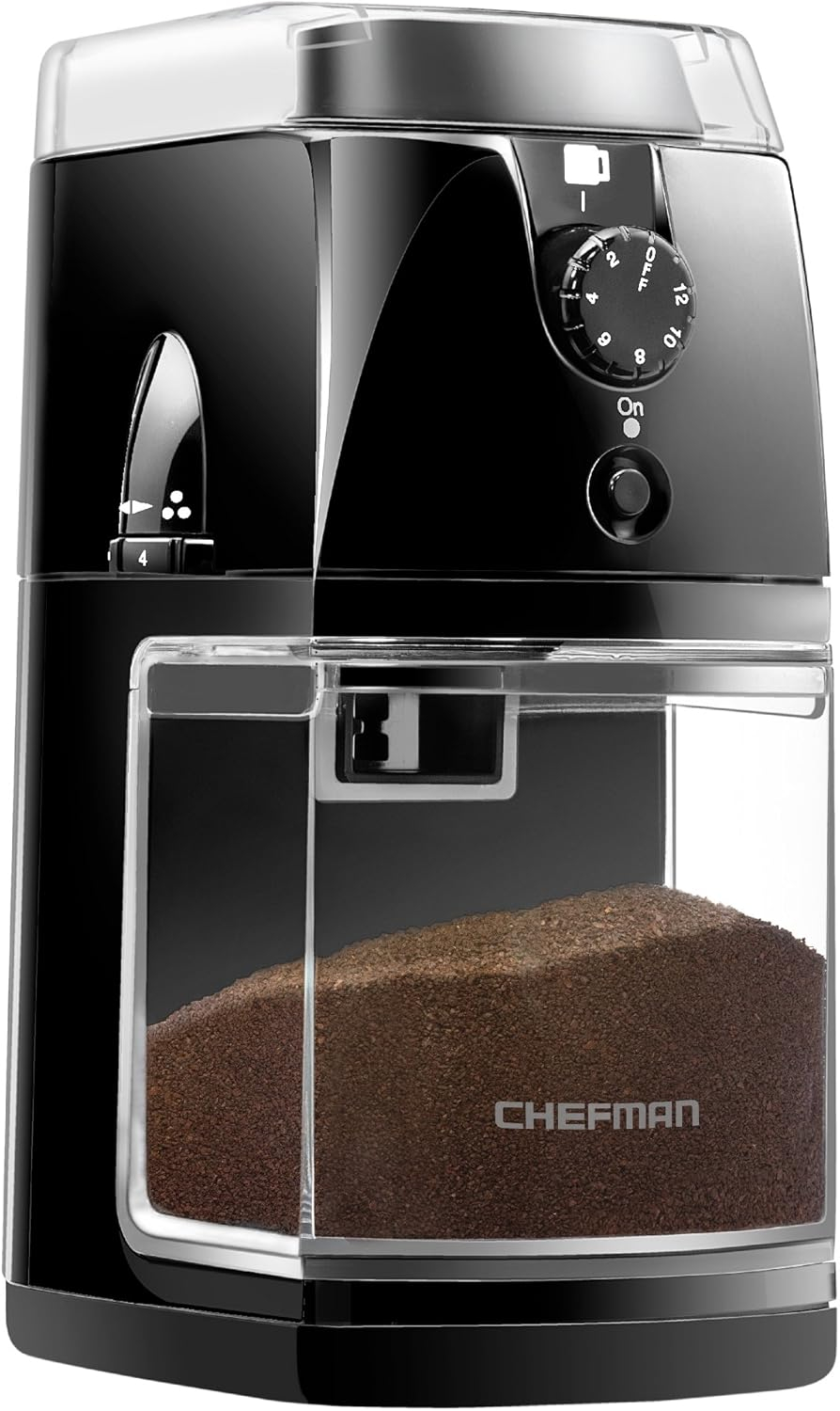 Chefman Coffee Grinder Electric Burr Mill 8oz Beans Large Hopper Easy One Touch Operation, Cleaning Brush Included Black