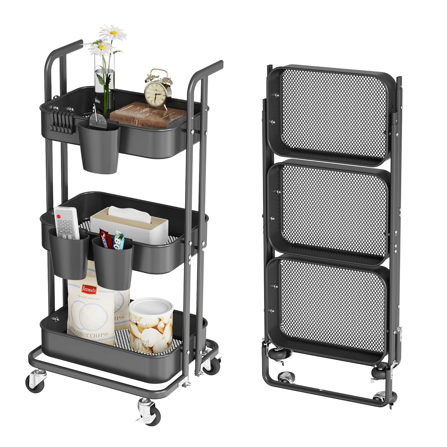 Wharick Foldable Storage Cart 3 Tier Rolling Cart with Wheels Folding Metal Cart Organizer with Handle Utility Cart with Basket for Kitchen Pantry, Classroom, Office