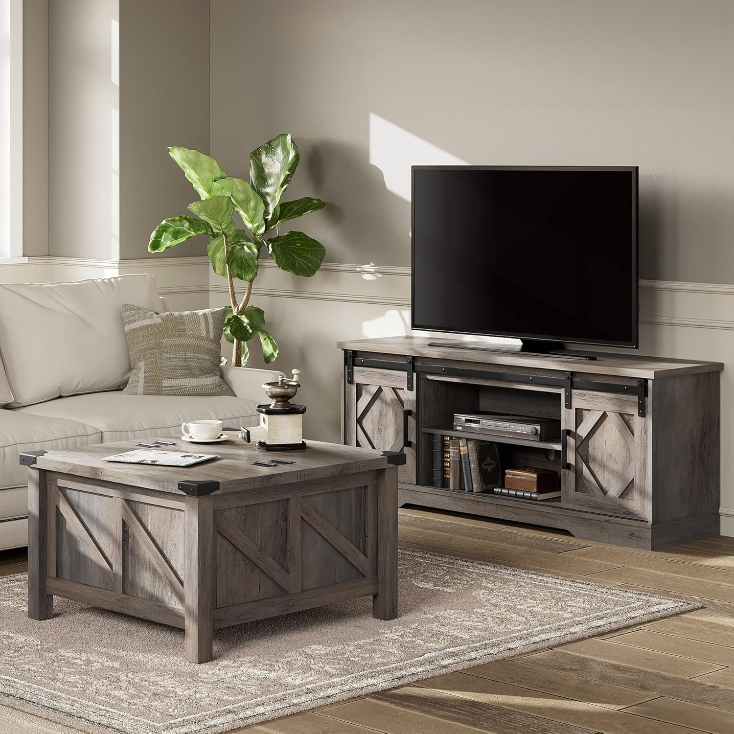 WAMPAT Farmhouse Sliding Barn Door TV Stand and Coffee Table Set of 2,Modern Storage Entertainment Center for TVs Up to 65'', Square Wood Center Table with Gas Struts Lift-Top for Living Room,Grey