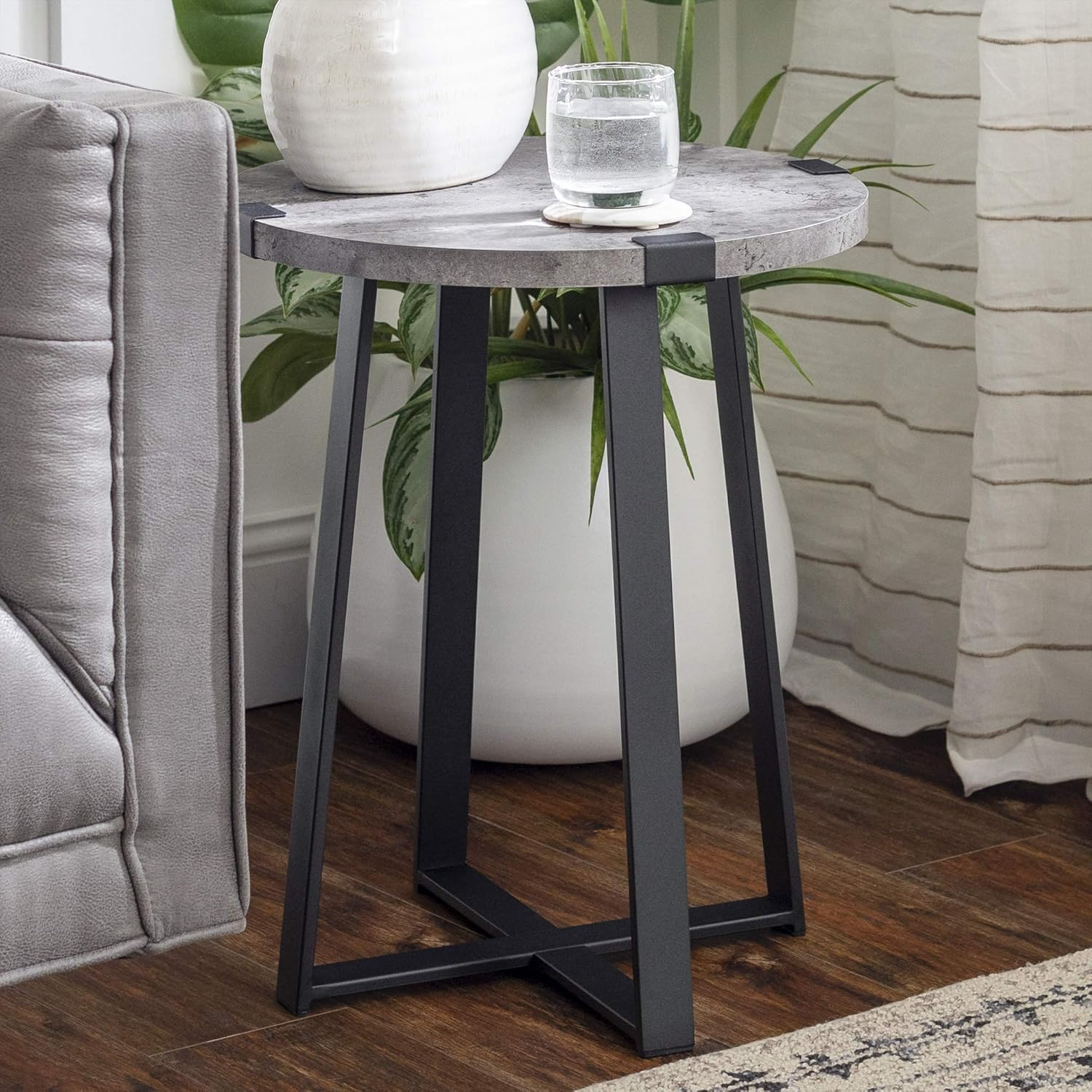 Walker Edison 3 Piece Industrial Wrap Leg Accent Table Set, Dark Walnut