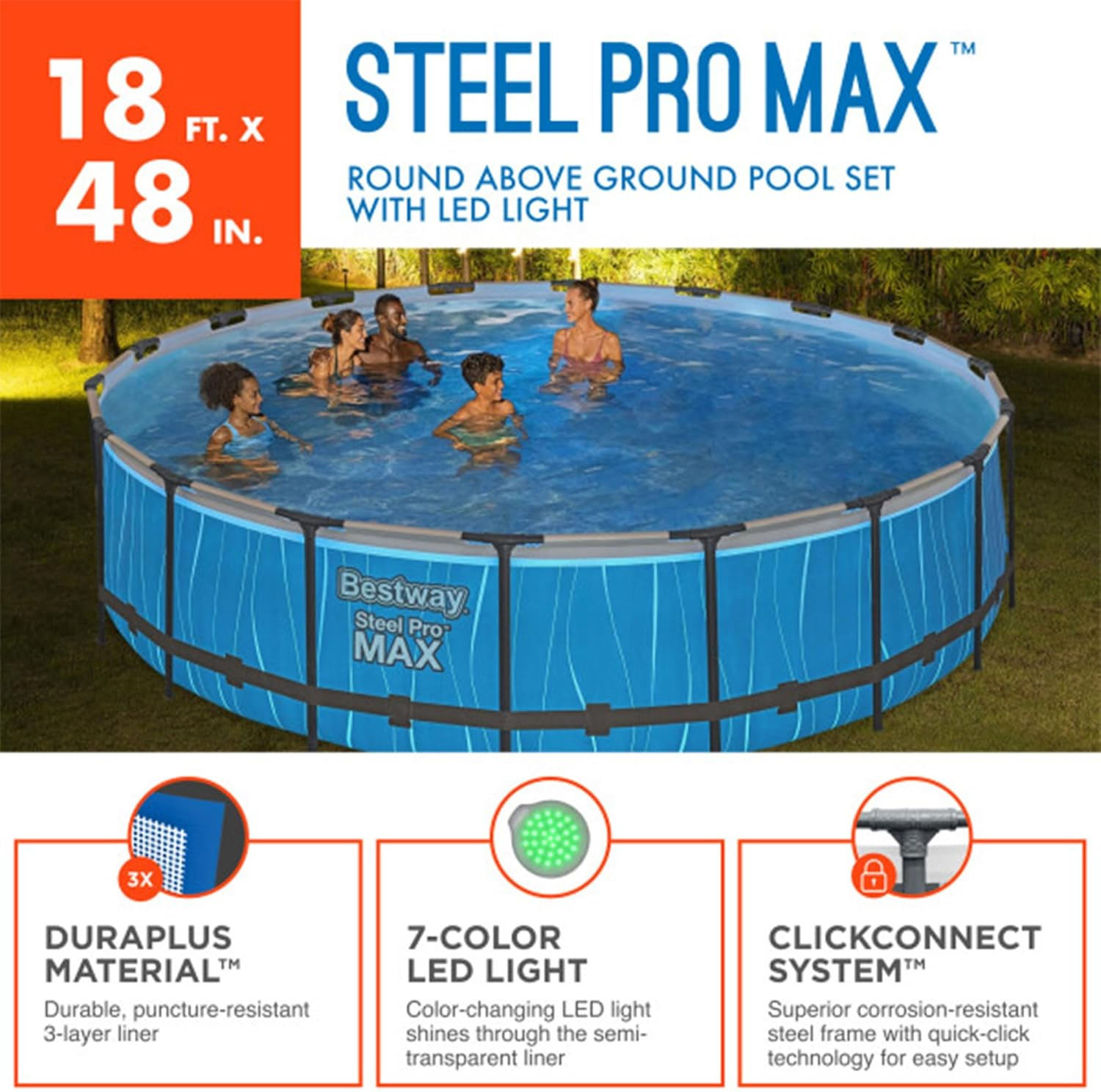 Bestway Steel Pro MAX 18'x48" Round Above Ground Pool w/LED Light & Remote