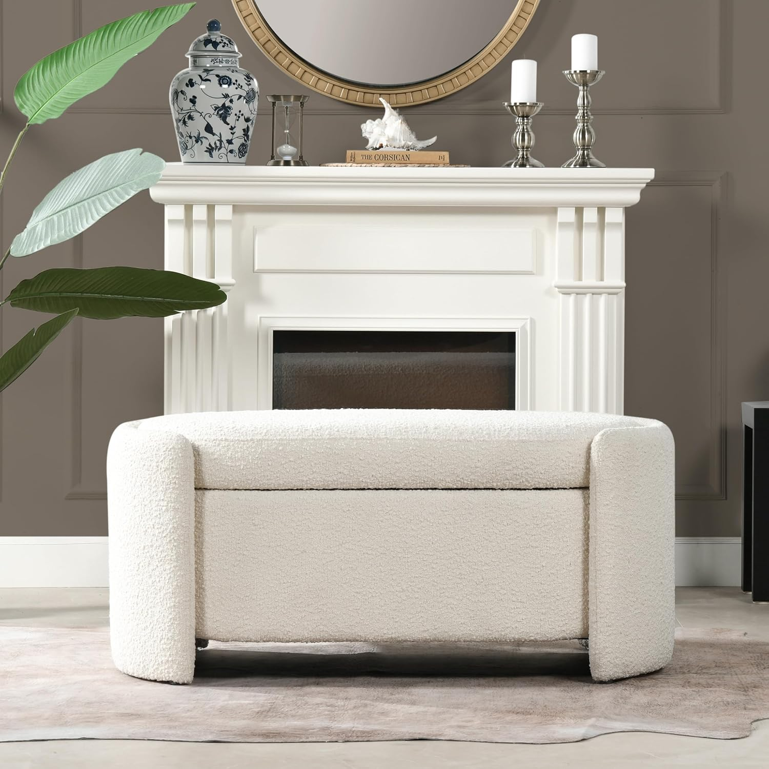 Jennifer Taylor Home Fuji 44" Upholstered Boucle Oval Storage Bench Ivory White