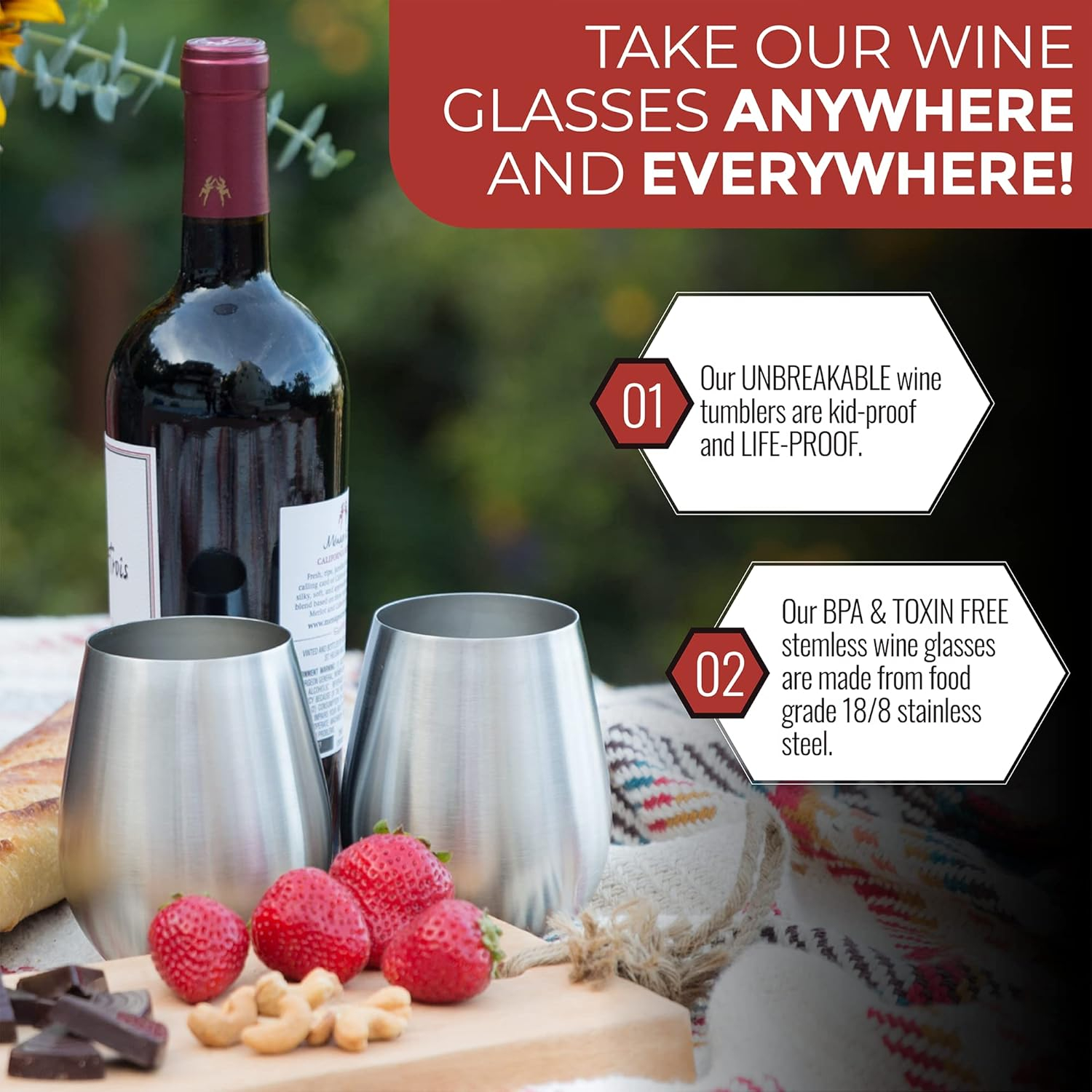 Premium Solid Stainless Steel Wine Glasses | Set of 4 Large 18 Ounce | Stemless Wine Glasses| Perfect for Entertaining Outdoors