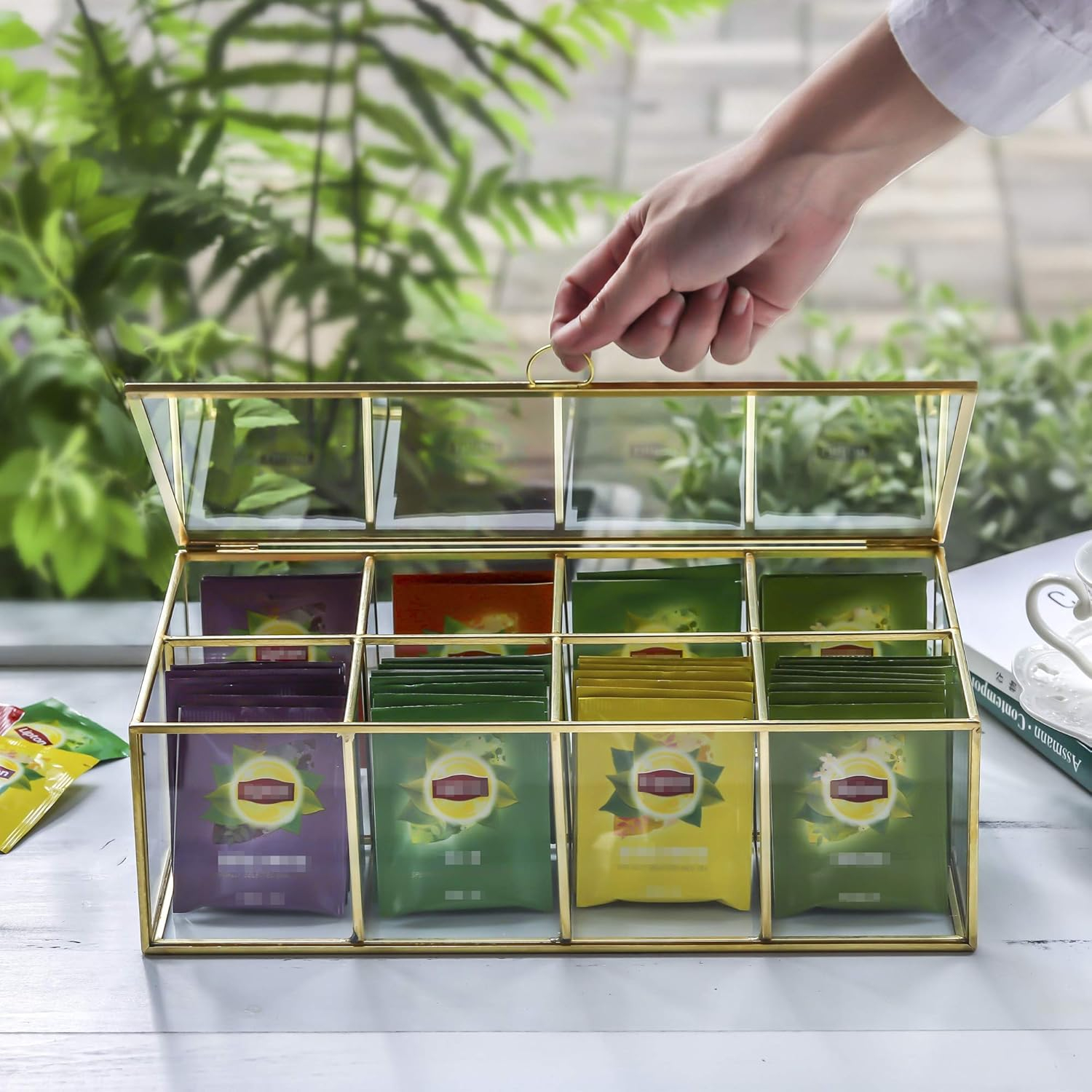 NCYP Glass Tea Bags Organizer, 12" x 7.1" x 3.7" Sugar Packets Storage Box - 8 Grids Compartments Jewelry Container, Indoor Counter Top Brass Display Case with Lid, Gold Decor (Glass Box Only)