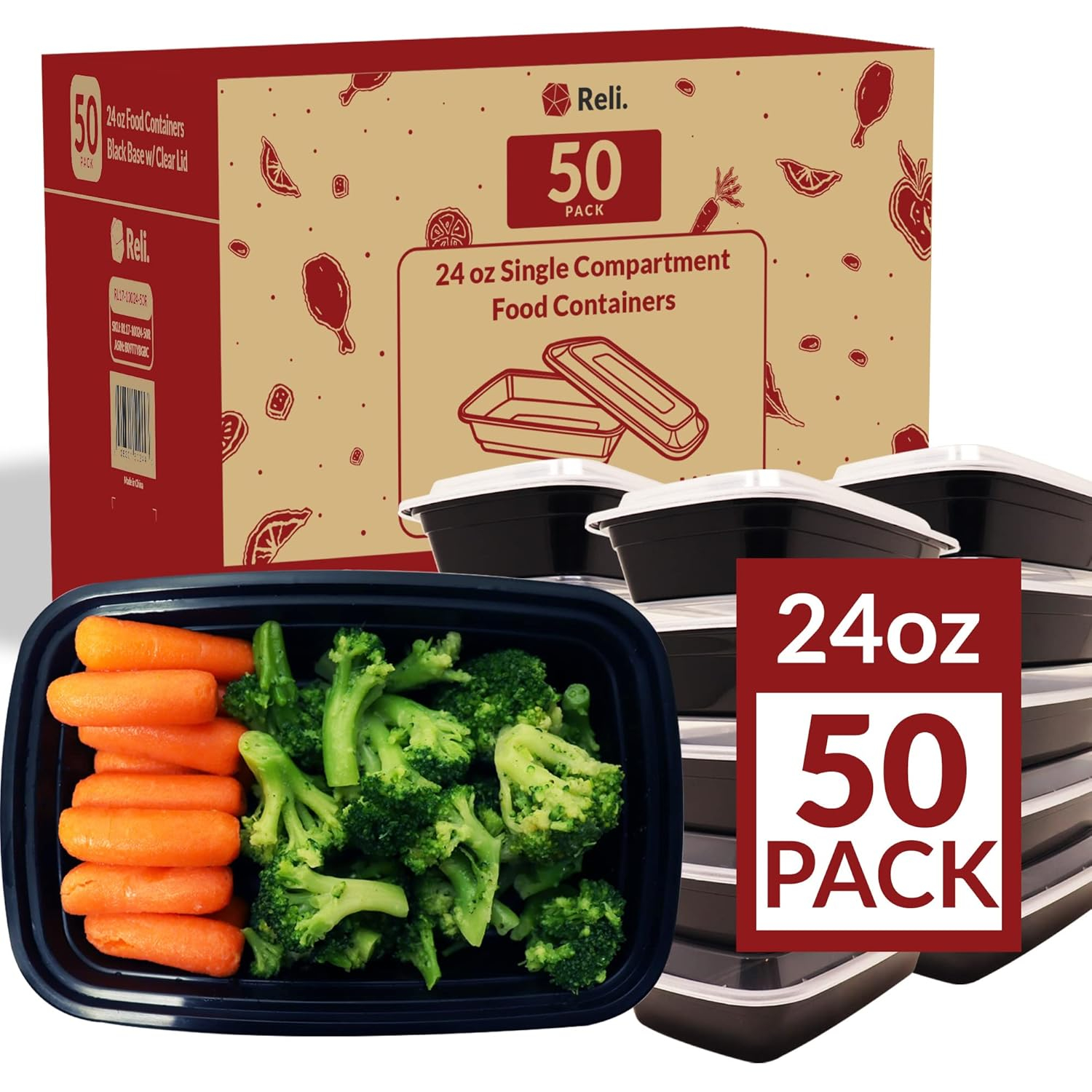 Reli. Meal Prep Containers 24 oz. | 50 Pack | 1 Compartment Food Container w/Lids | Microwavable Food Storage, To Go | Black Reusable Bento Box/Lunch Box for Meal Prep