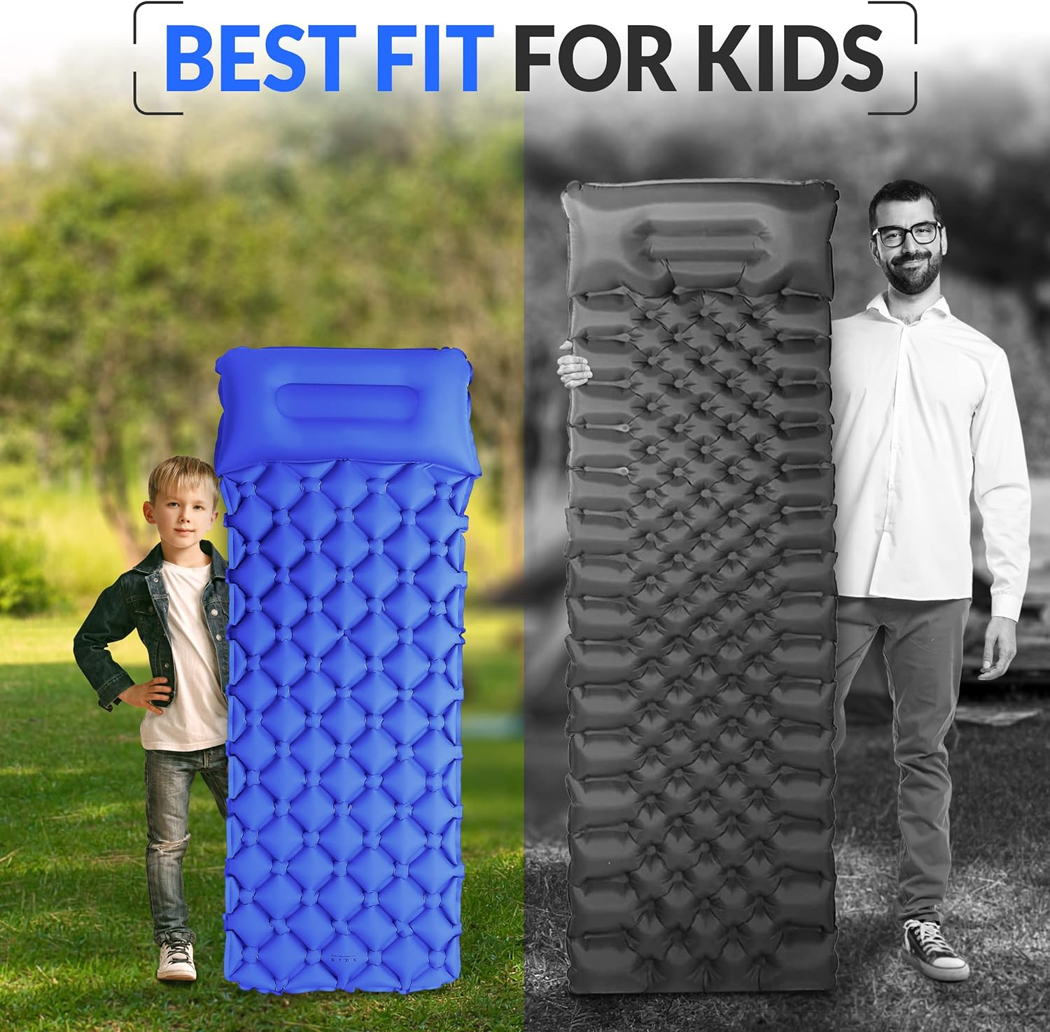 Kids Sleeping Pad for Camping and Sleepovers with Pillow, Inflatable Camping Mattress for Backpacking & Travel, Thick Toddler Cot Mat, Fast Inflating Camping Sleeping Pads for Kids