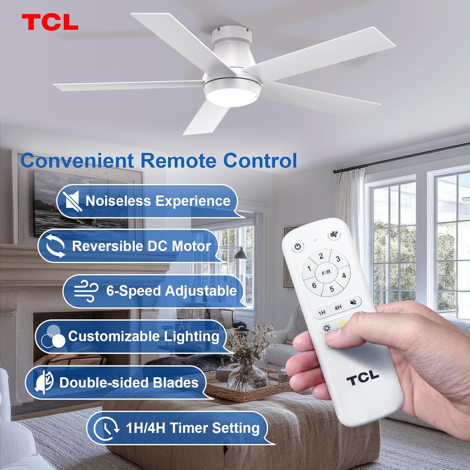 TCL 52" Modern Ceiling Fan with Lights, 5 Blades, 6 Speeds DC Reversible, Dimmable, White Flush Mount for Bedroom, Living Room and Garage