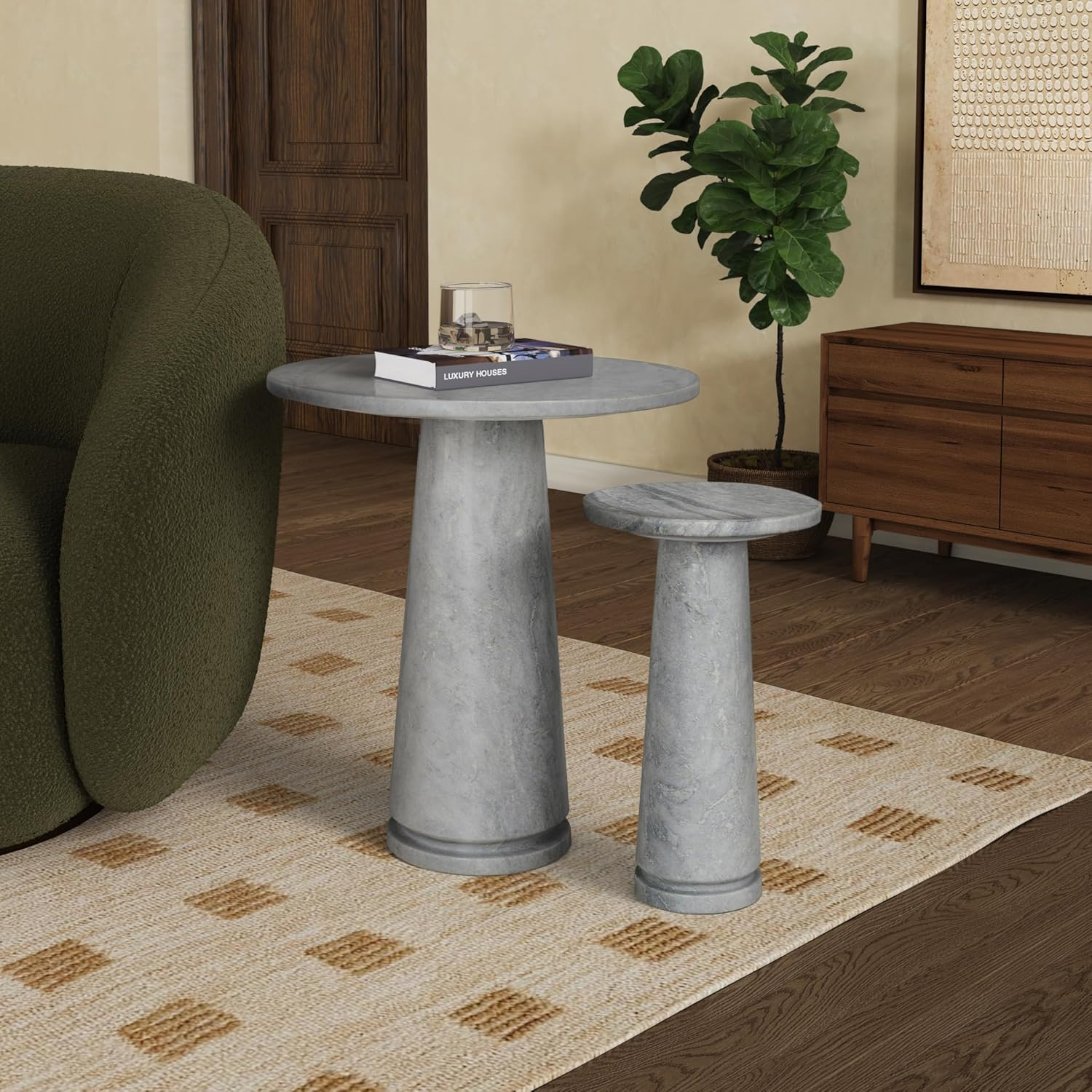 Valentia Light Grey Round Marble Pedestal Accent Table