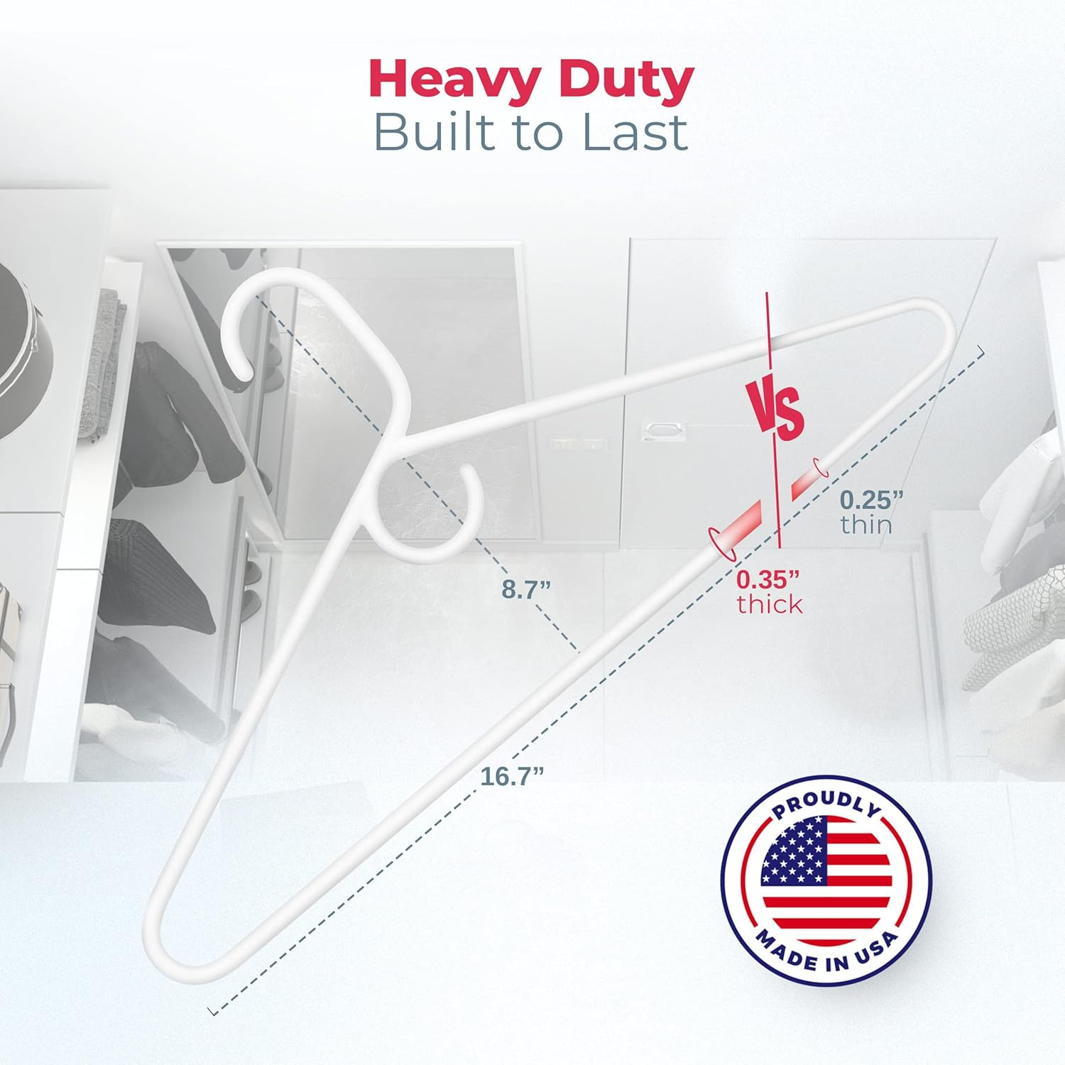 Made in USA Heavy Duty Plastic Clothes Hangers Bulk, 20 30 50 100 Pack Available, Strong Plastic Hangers, Jacket Coat Hangers, Thick Plastic Hanger for Closet and Clothing Hangars (12pk White)