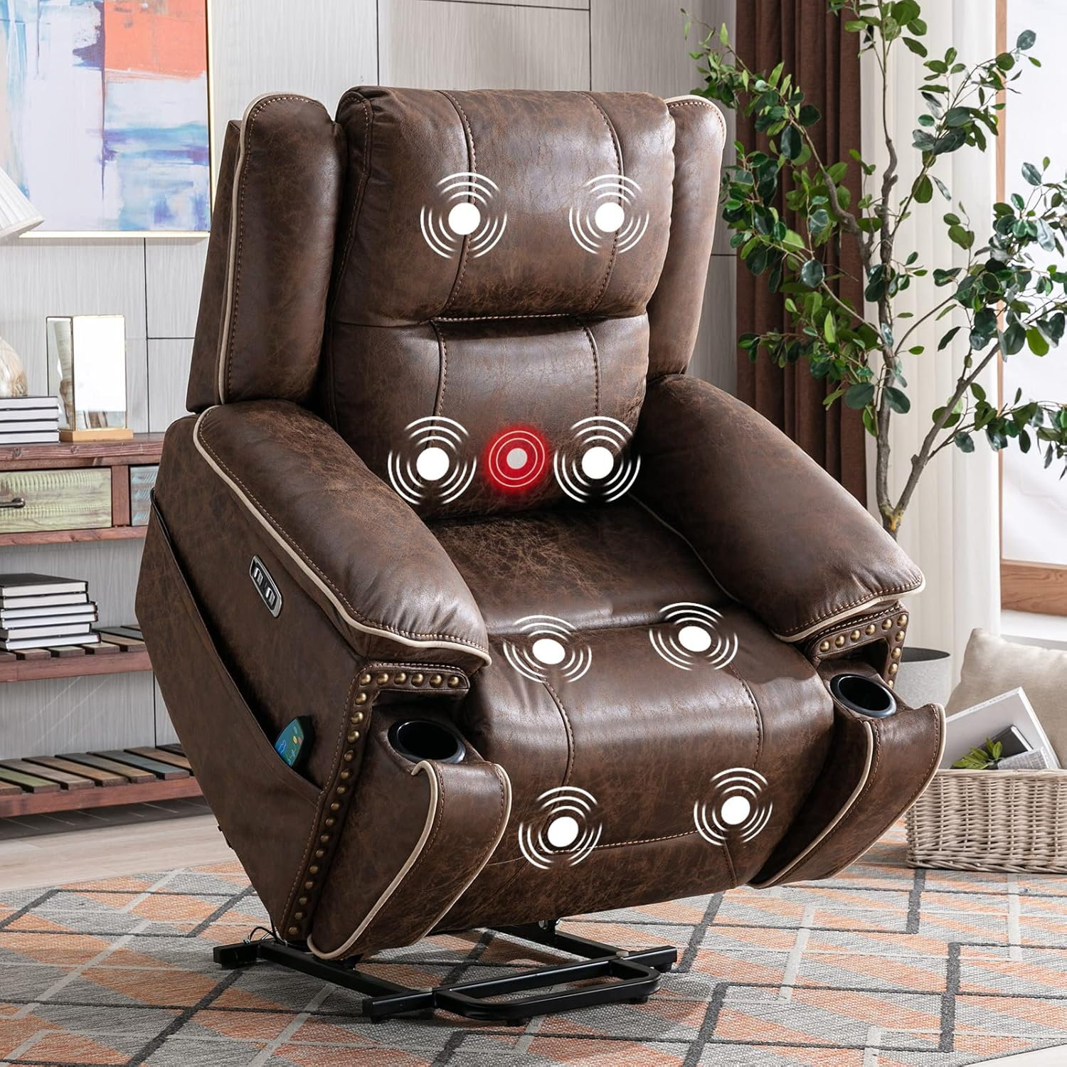 CANMOV Power Recliner Chair Electric Home Theater Seating Soft Leather Movie Chair for Living Room Overstuffed Single Reclining Sofa with Hidden Arm Storage, Cup Holders and USB Ports