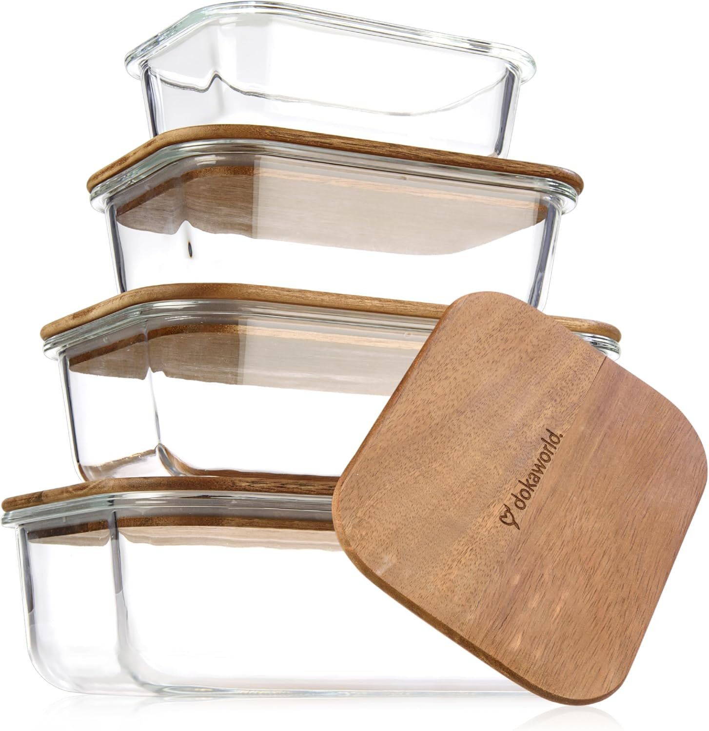 Amber Glass Meal Prep Containers with Acacia Lids, Set of 4