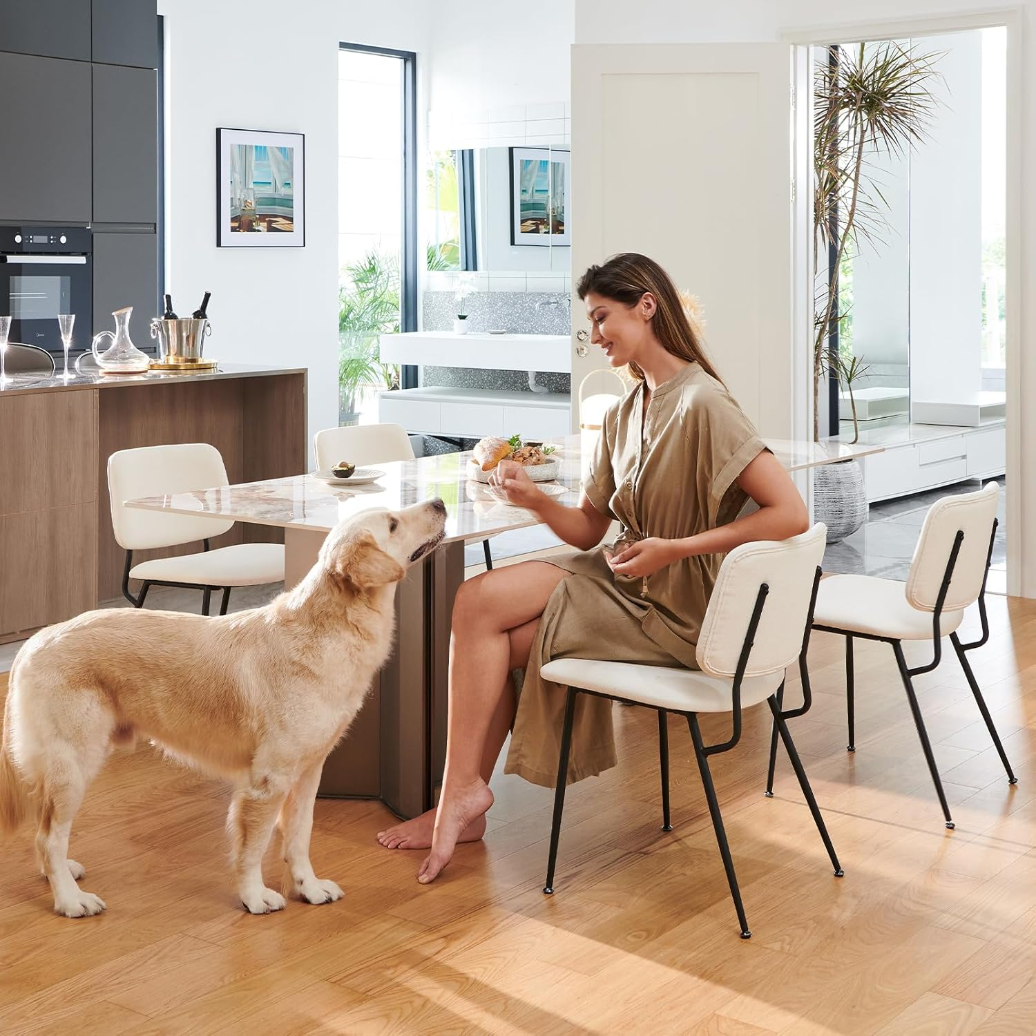 COLAMY Modern Upholstered Dining Chairs Set of 2, Fabric Dining Room Chairs Accent Diner Chair Stylish Kitchen Chairs with Solid Metal Legs, Cream