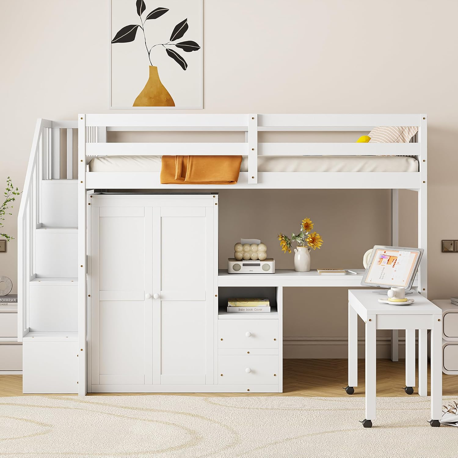 Harper & Bright Designs Twin Size Loft Bed with Stairs and Bookshelf, Wood Twin Storage Bed with Desk & Wardrobe, Space-Saving Multifunctional Furniture for Kids & Teens - White