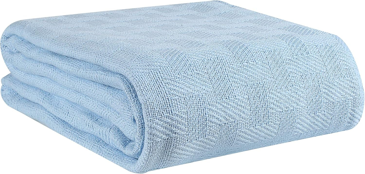 GLAMBURG 100% Cotton Bed Blanket, Breathable Bed Blanket Queen Size, Cotton Thermal Blankets Full - Queen Size, Perfect for Layering Any Bed for All Season - Sky Blue