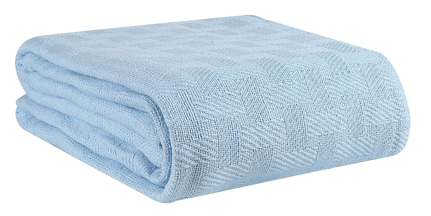 GLAMBURG 100% Cotton Bed Blanket, Breathable Bed Blanket Queen Size, Cotton Thermal Blankets Full - Queen Size, Perfect for Layering Any Bed for All Season - Sky Blue