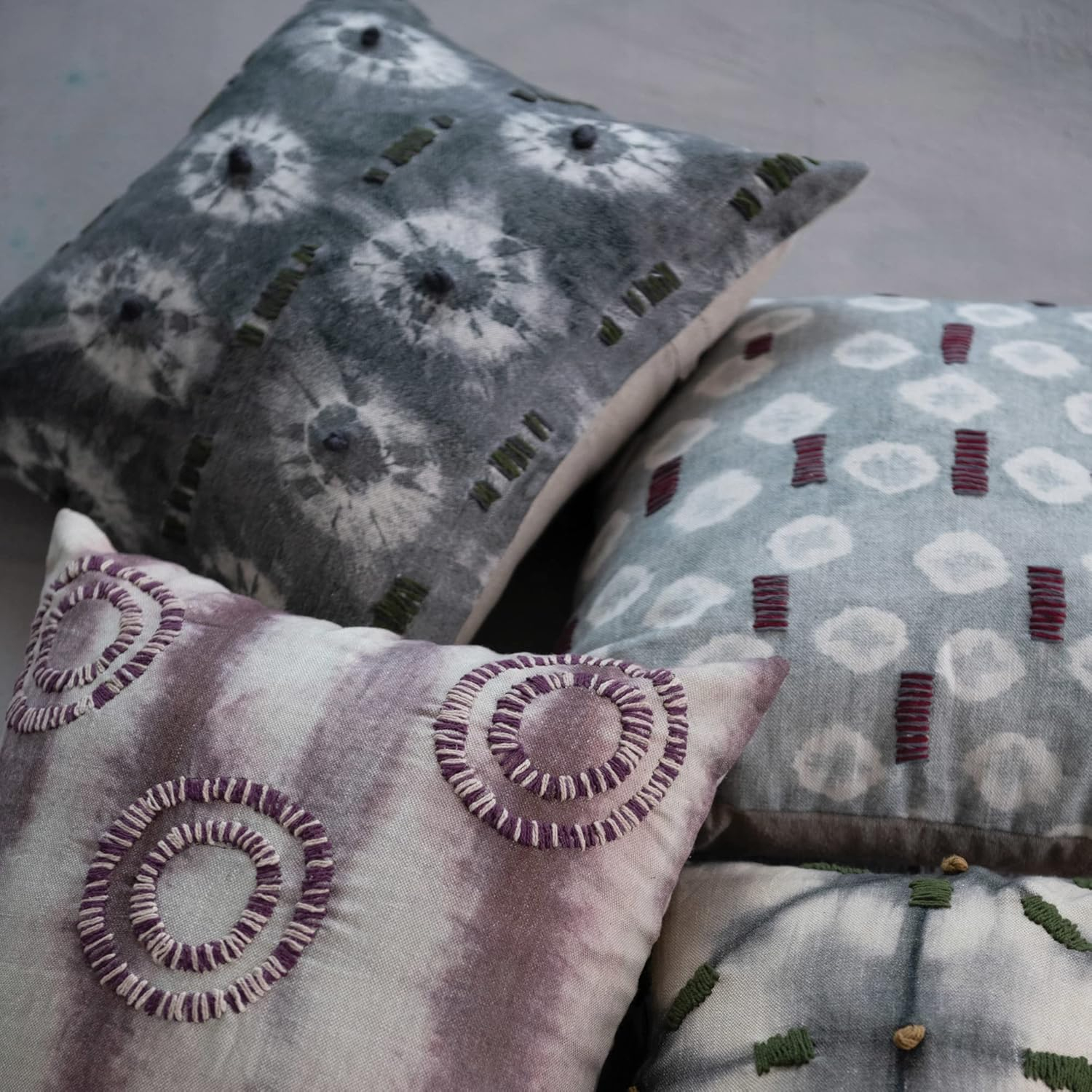 Creative Co-Op Linen Printed Hand-Embroidery and Chambray Back, Multicolor Pillow Covers, 18" L x 18" W x 0" H