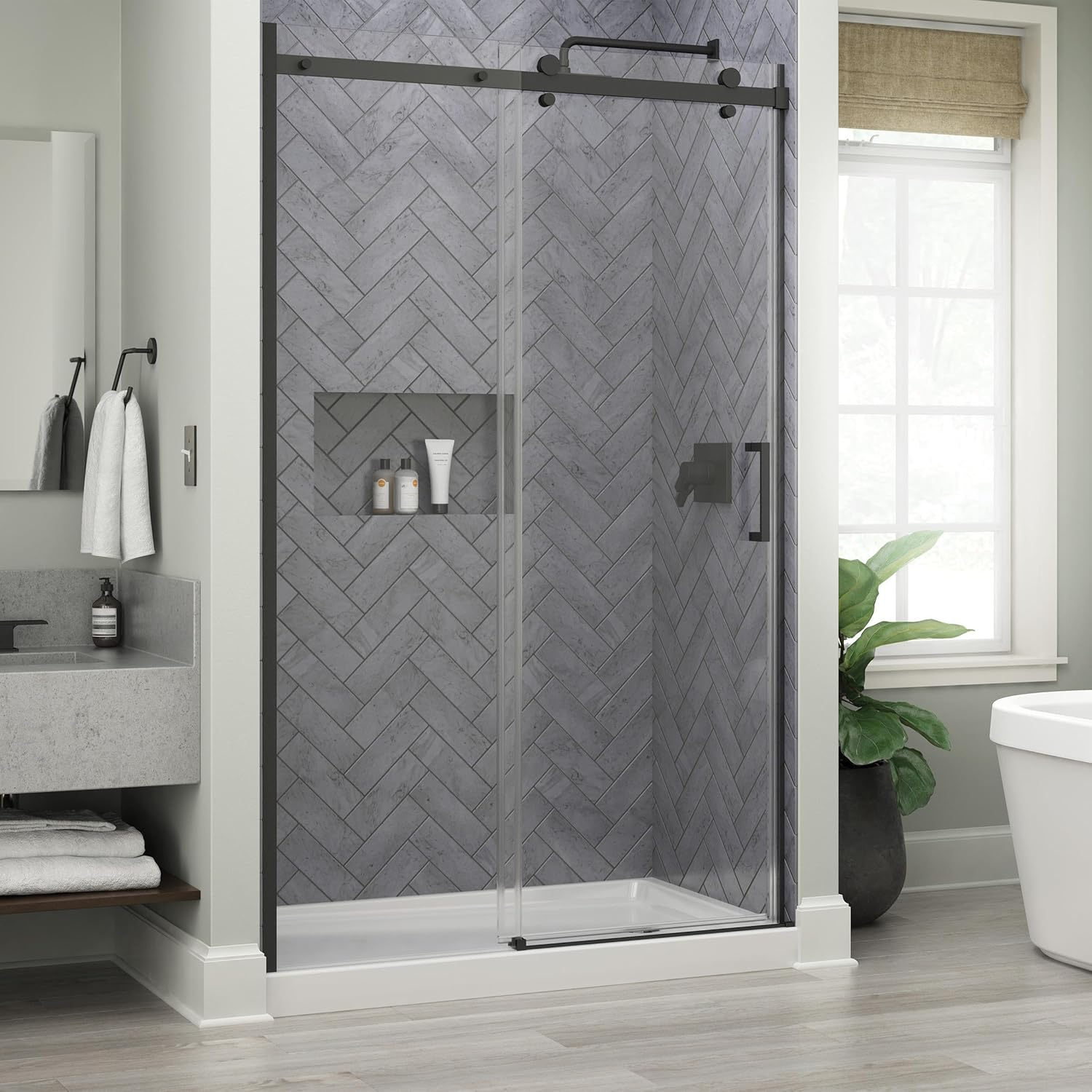 Delta Commix 48 in. x 76 in. Frameless Exposed Roller Sliding Shower Door in Black with 5/16 in. (8mm) Tempered Clear Glass, SDES848-MB-R