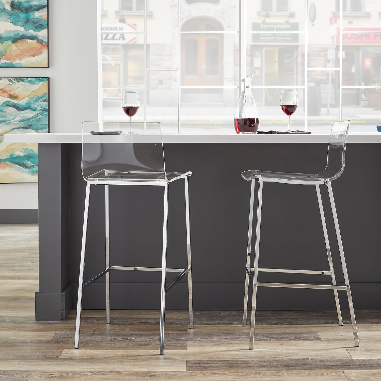 EURO STYLE Chloe Office Chair in Clear, Acrylic, Chromed Steel Base, 360° Swivel, Adjustable Height, Casters for Mobility, Made for Everyday Home Use